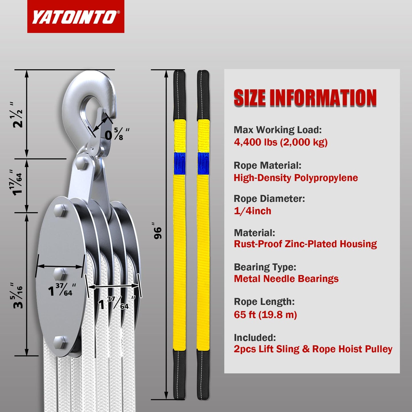 YATOINTO Upgraded Rope Pulley Hoist 4400 LB, 8:1 Pulley Block and Tackle System, Pulley Block 2200LB Loading Capacity, 65ft Heavy Duty Rope Hoist for Hunting Garage Warehouse (with 2PCs Straps)