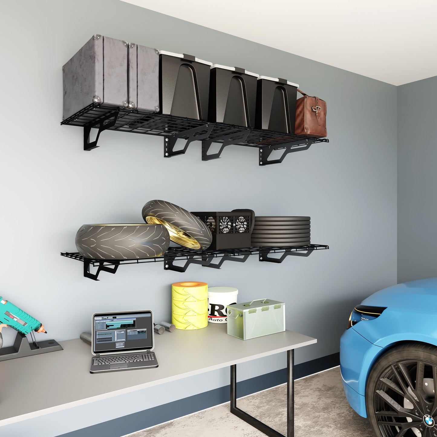 Shuntong The Atlas 2-Pack 2x6 ft Garage Wall Shelves, 800lbs Heavy Duty Garage Shelving Wall Mounted, 24"x72" Metal Floating Shelf Storage Rack, Hammertone
