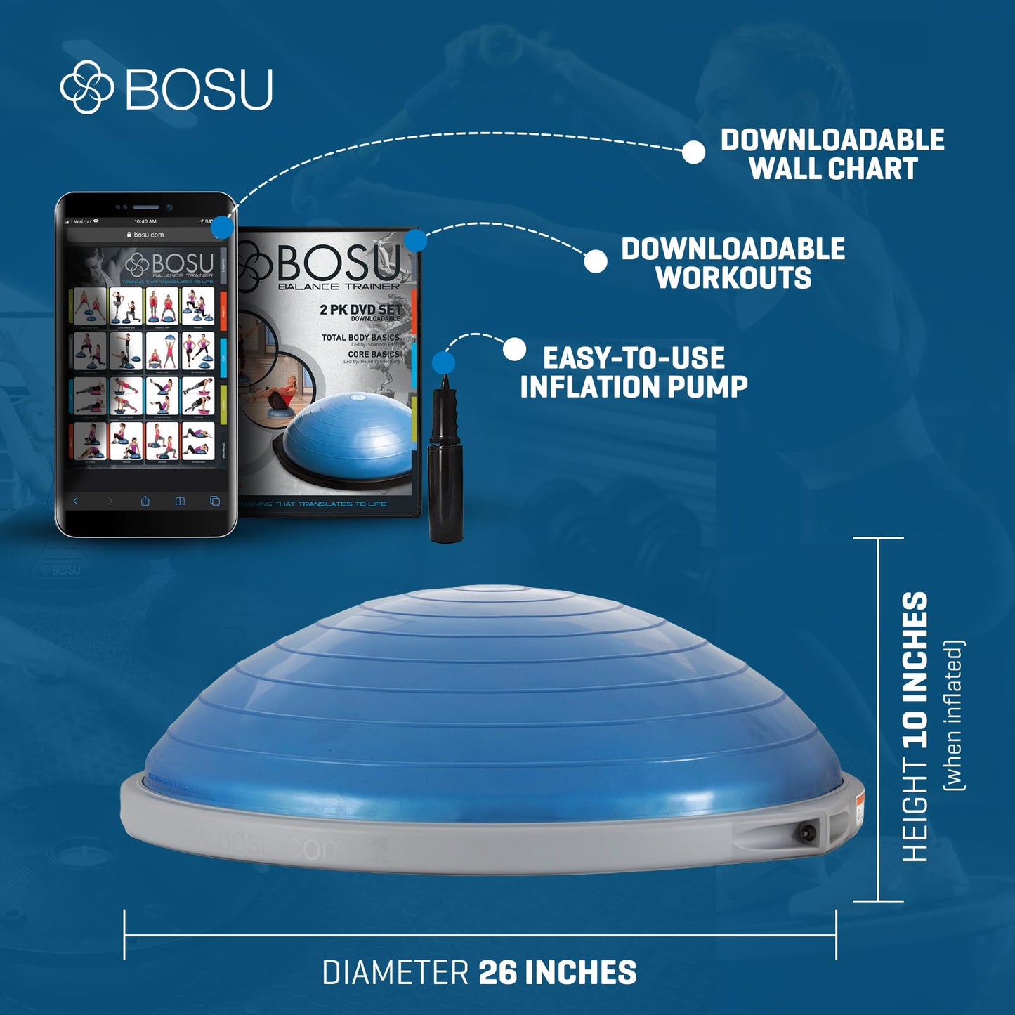 BOSU 26 Inch Pro Balance Trainer, Half Ball Multifunctional Workout Equipment – Commercial-Grade Home Gym Stability Dome for Exercise and Training with Guided Workouts and Hand Pump