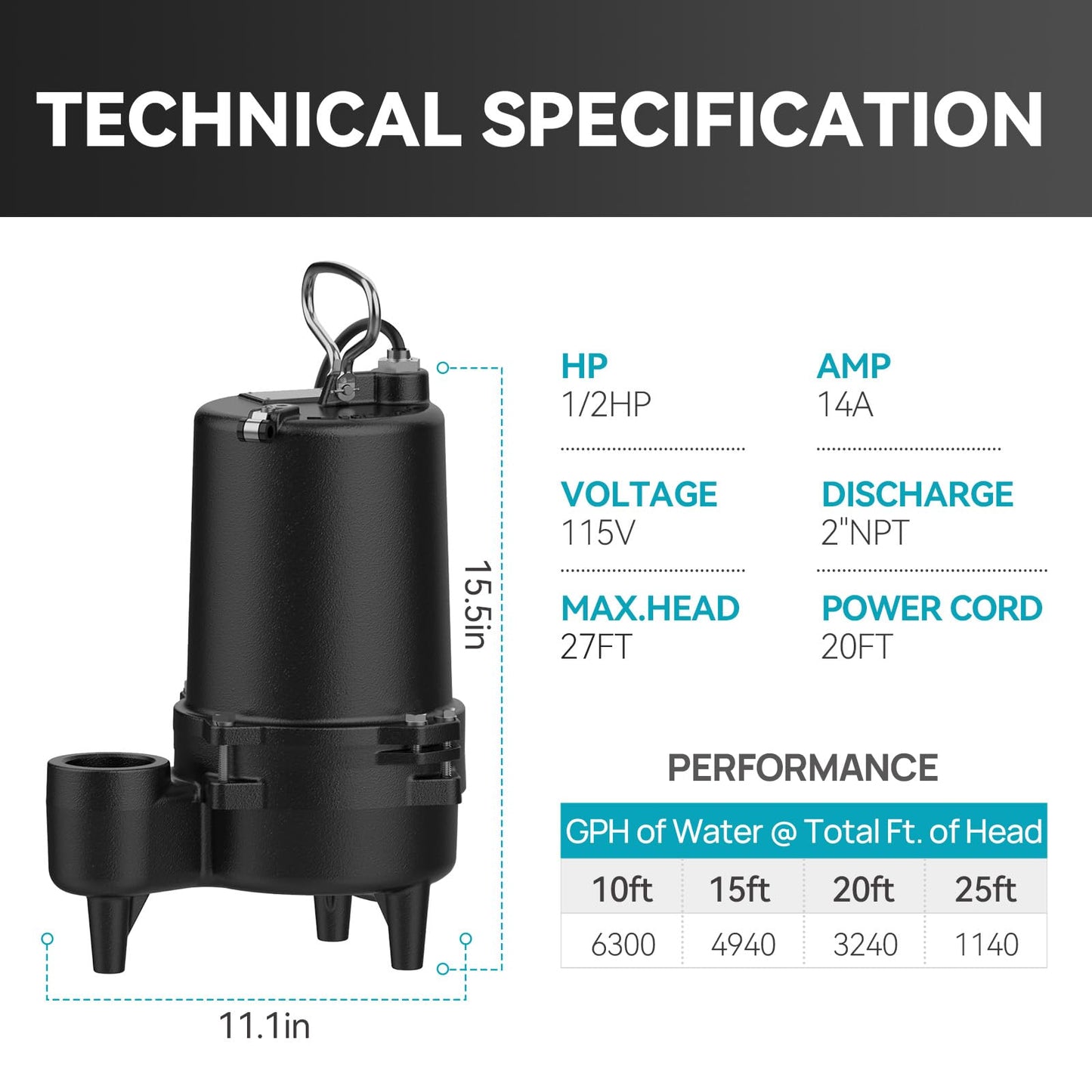 BOMGIE 1/2 HP Sewage Pump, Cast Iron Effluent Pump, Automatic Float Switch, Sewage Sump Pump for Sump Basin, Basement, Residential Sewage, 2'' NPT Discharge, Dark Black