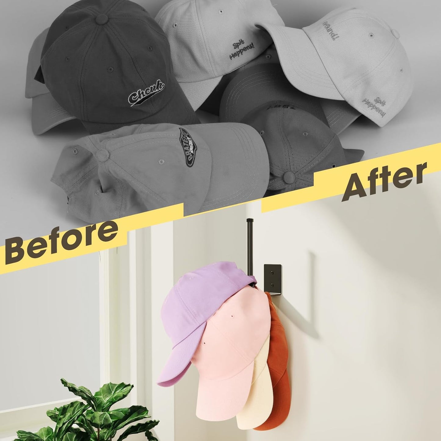 Skiennix Hat Racks - 4 Pack Stainless Steel Baseball Cap Organizer with Strong Adhesive | Black 6 in