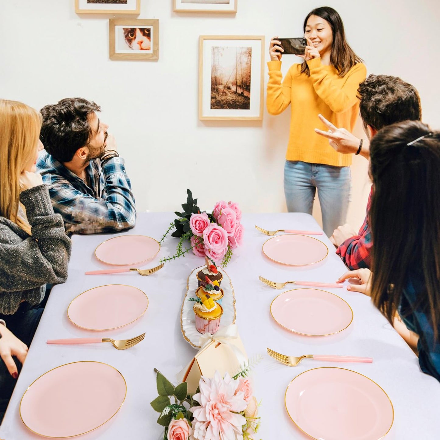LIYH 96 Pcs Pink Gold Disposable Dessert Plates & Forks Set - 7.5 Inch Salad Cake Appetizer Plastic Plates for Parties, Birthdays, Baby Showers 48 Guests