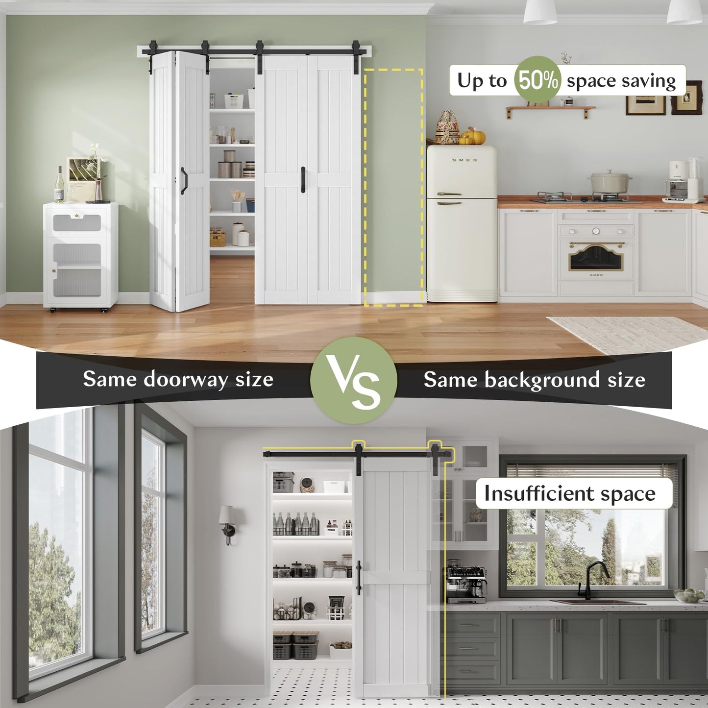Finosen Bifold Barn Door 96 x 84 in (Four 24x84 Inch),Bi-fold Sliding Closet Doors with Hardware Track kit Included 8.6ft Rail for 4 Doors and Track Connector Black,DIY Assembly,Save Space.