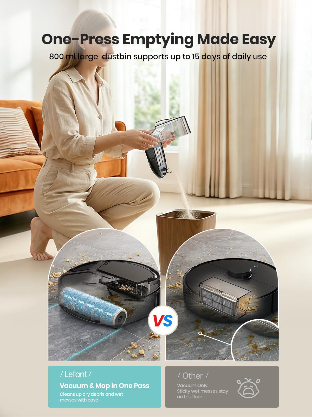 Lefant Robot Vacuum and Mop, 20000Pa Strong Suction, Self-Cleaning Roller Mop with Auto Drying, LiDAR Navigation & Obstacle Avoidance, Tangle-Free Pet Hair, Slim, 800ml Dustbin, 5G WiFi, M210 Pro OMNI