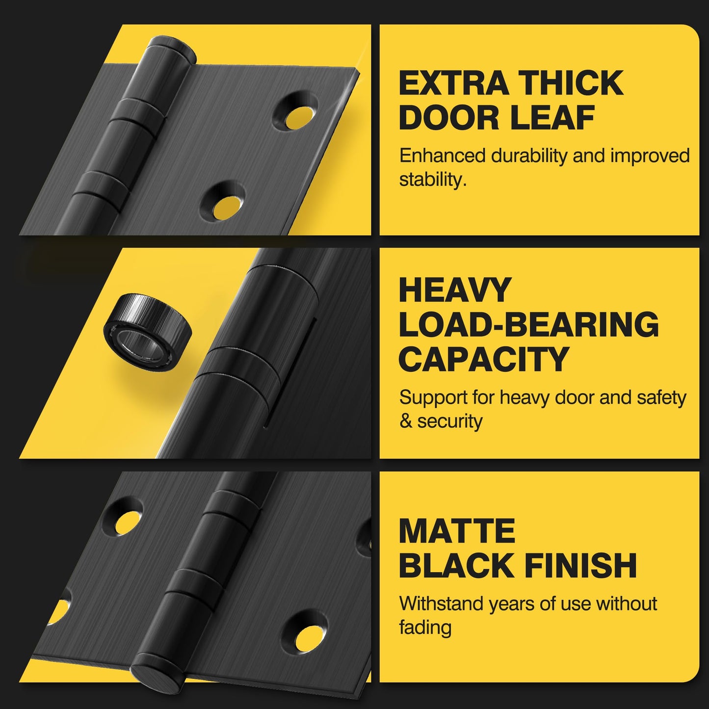 KOLET Ball Bearing Door Hinges, 4 x 4 Inches Door Hinges, Square Corner Heavy Duty Hinges, Commercial Grade Stainless Steel, Smooth and Non Removable Pin, Matte Black, 3 Pack