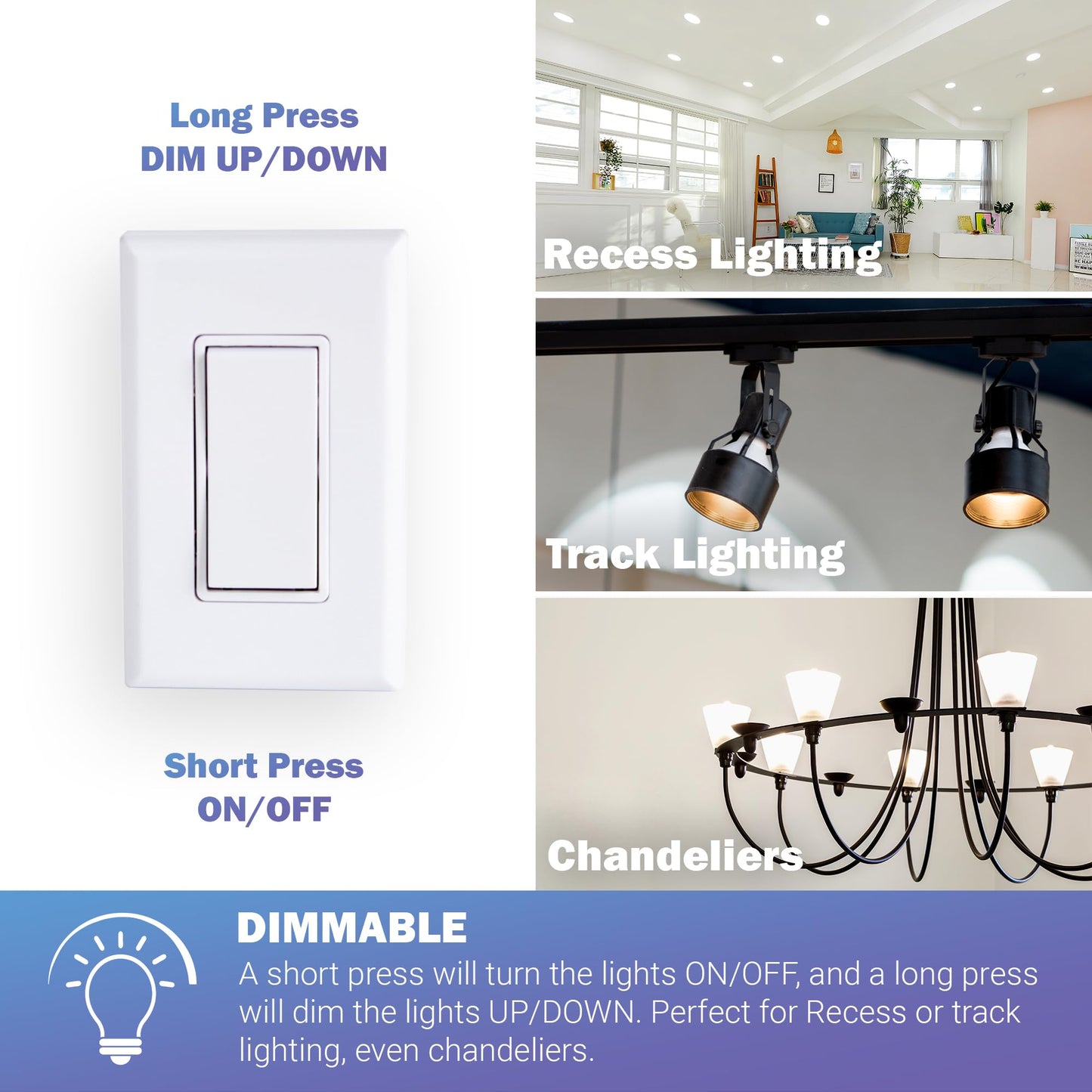 RunLessWire Battery-Free 3-Way Dimming Wireless Light Switch Kit for DIY Electrical Home 150ft Range 2 Remote Switches & 1 120VAC Dimmer Receiver – White