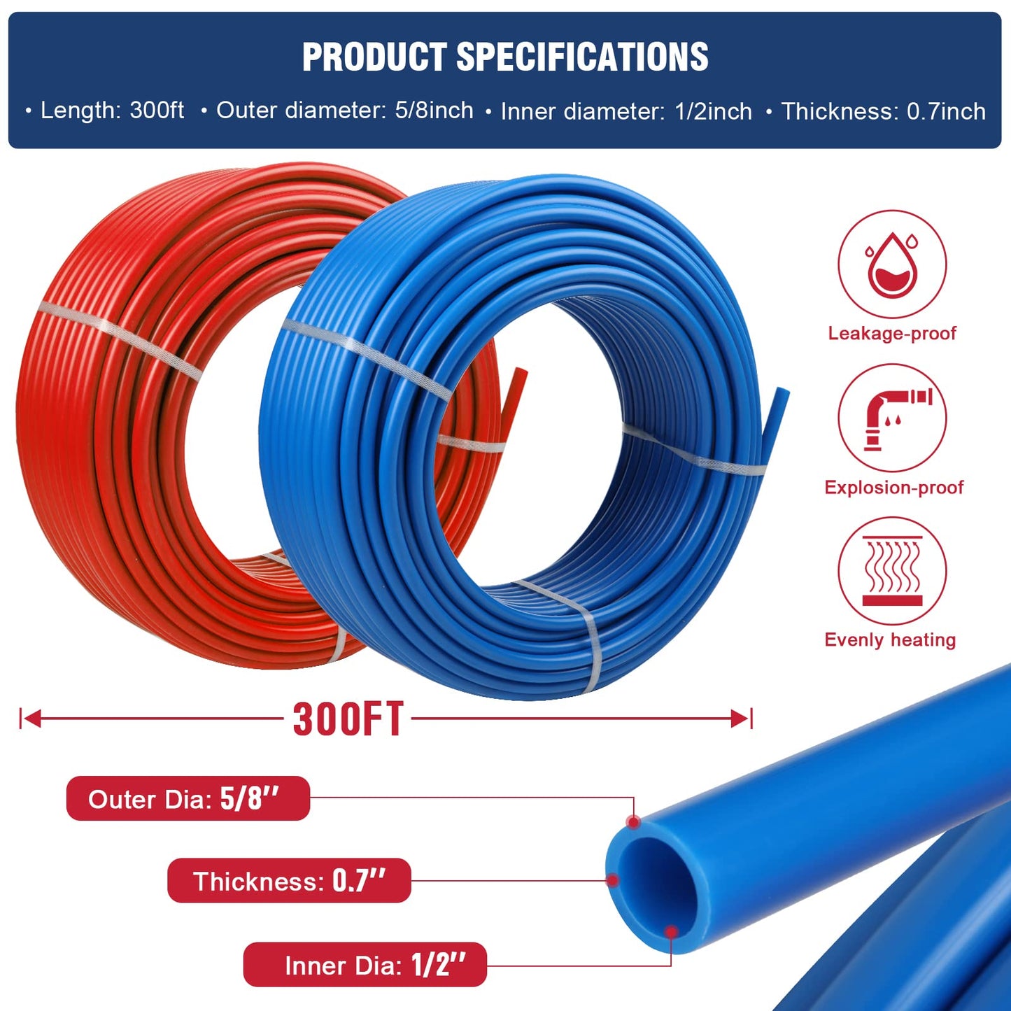 PEX Pipe 1/2 Inch 300ft 2 Rolls PEX Tubing EVOH pex-B pipe Non Oxygen Barrier Durable Leakage-Proof Flexible for Residential Water Lines in Homes Pex Radiant Heat Tubing(Red+Blue)
