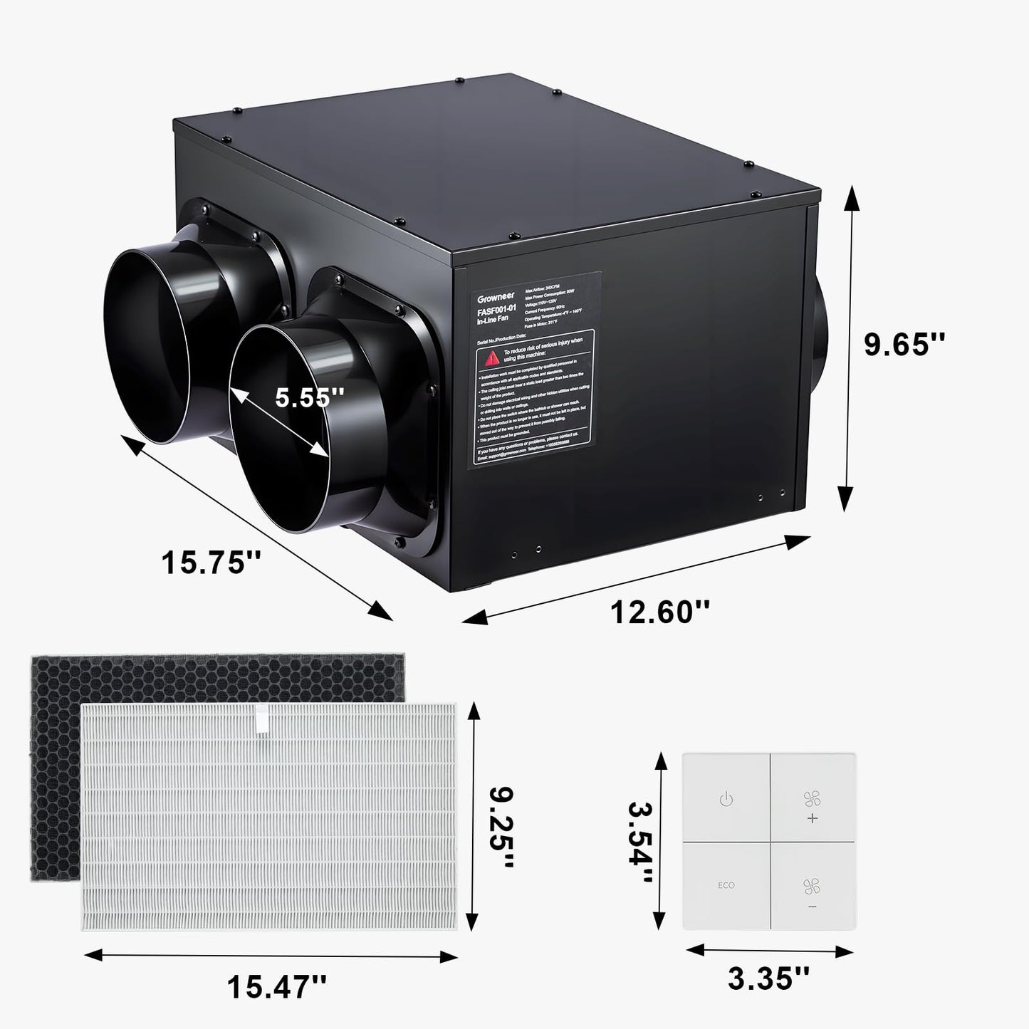 GROWNEER 6 Inch Inline Exhaust Fan with Filter, 340 CFM Inline Filter Box, Remote Control Fresh Air Intake and Ventilation System for Bathroom, Attic, Garage and Residential Ventilation Applications