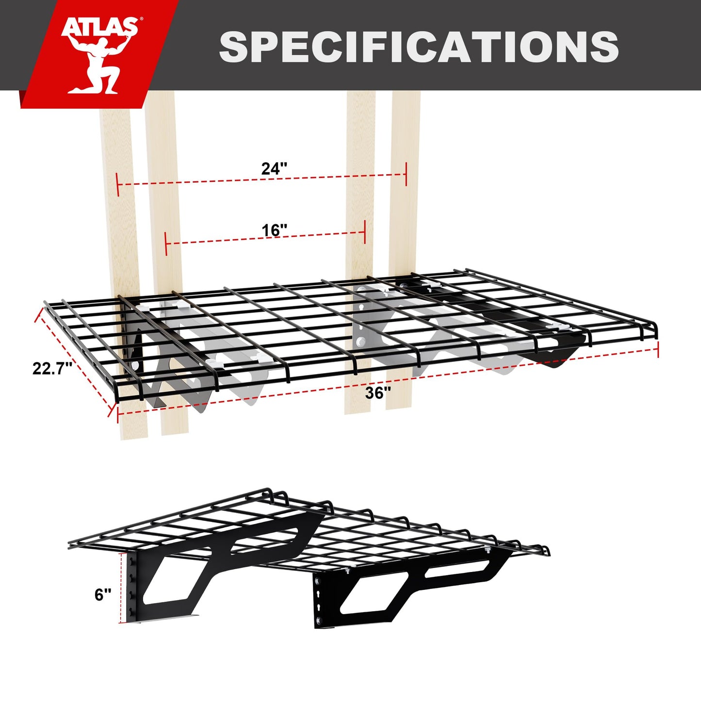 Shuntong The Atlas 2-Pack 2x6 ft Garage Wall Shelves, 800lbs Heavy Duty Garage Shelving Wall Mounted, 24"x72" Metal Floating Shelf Storage Rack, Hammertone
