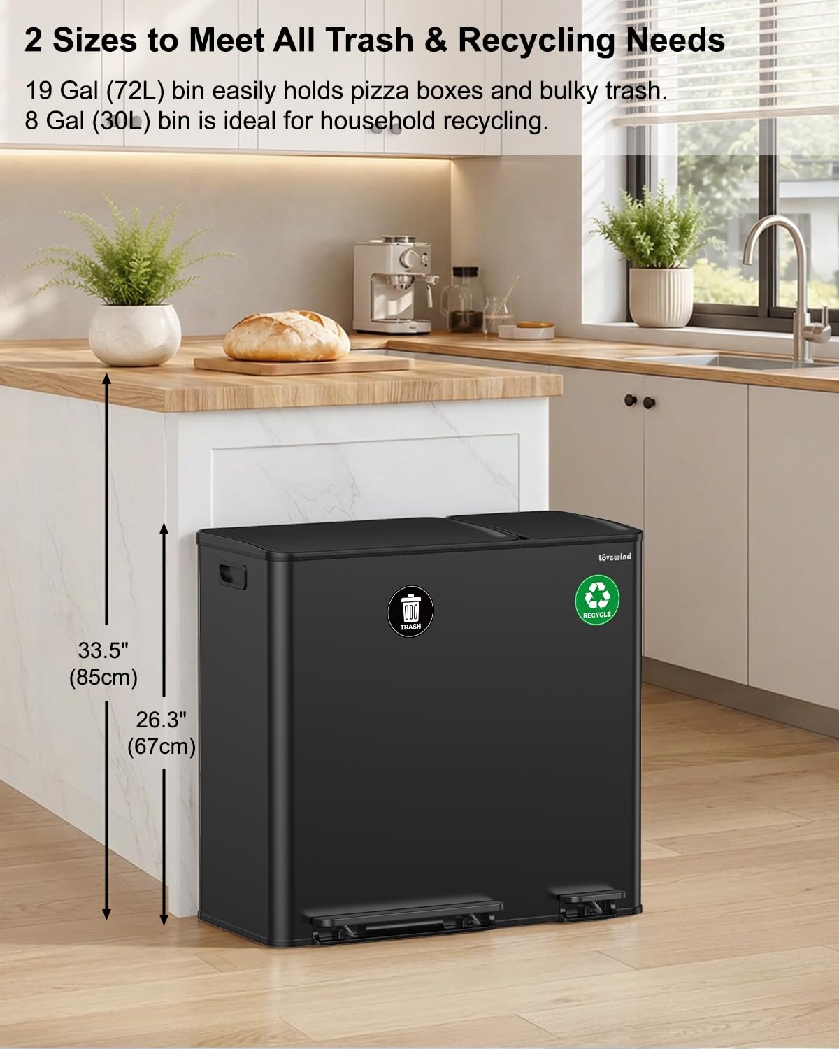 Dual Trash and Recycling Bins for Kitchen, 19+8 Gallon (72+30L) Stainless Steel Trash and Recycle Bin Combo with Soft-Close Lid, Large Garbage Cans for Kitchen Home with 2 Magnets Sticker, Black