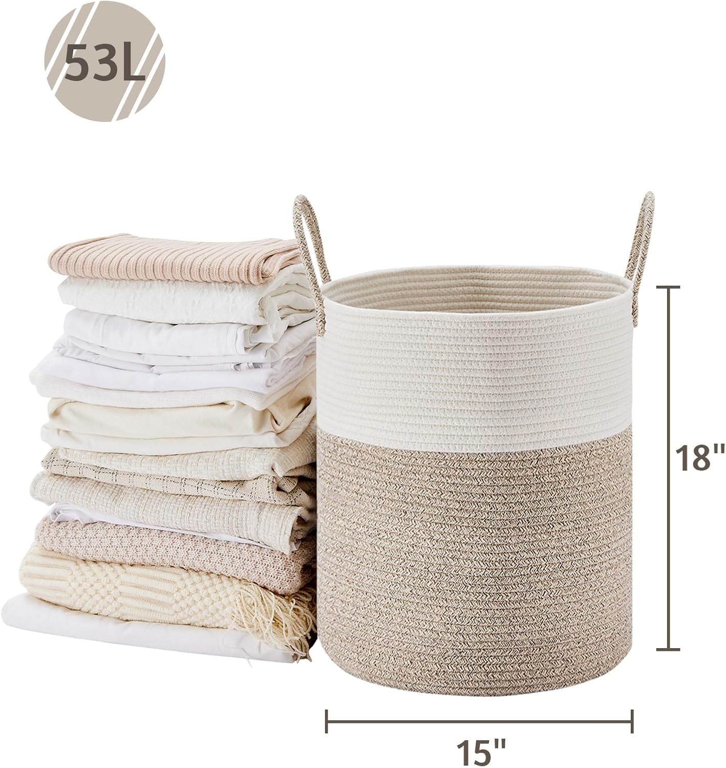 VIPOSCO Large Laundry Hamper - Tall Woven Rope Storage Basket for Blankets, Toys & Clothes | 53L White & Brown