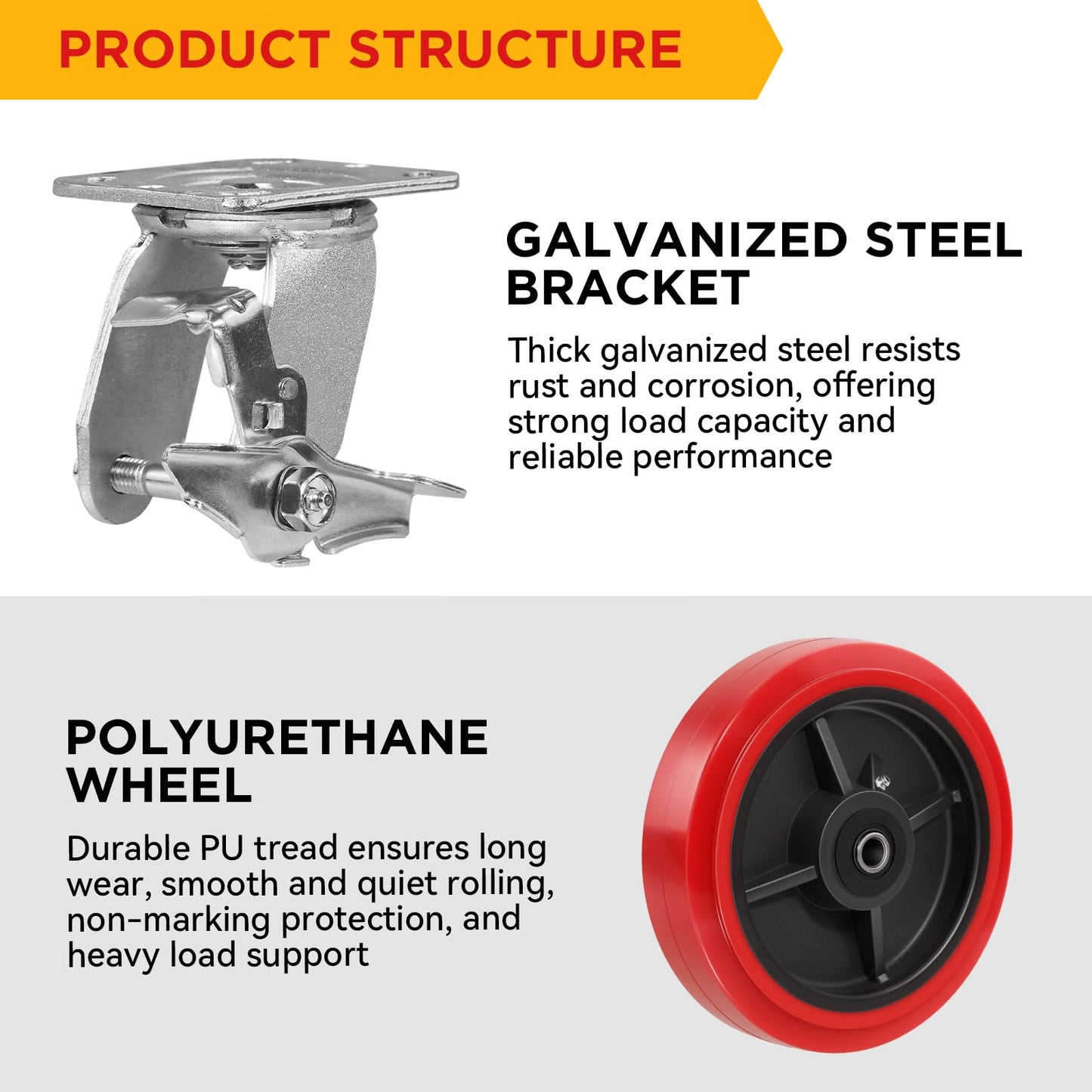 8 Inch Heavy Duty Polyurethane Casters Set of 4 (2 Brake + 2 Rigid), 8x2 Industrial Casters for Heavy-Duty Carts, Equipment Bases, Rated Load 4400 lbs Total, Locking & Straight-Line Control