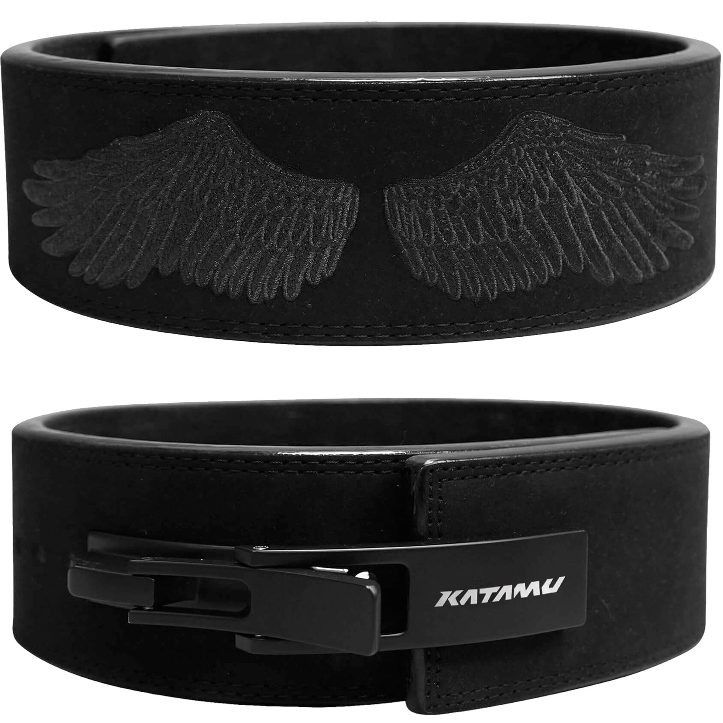 Katamu Premium Leather Lever Weightlifting Belt – Secure Steel Lever, Powerlifting Support for Deadlifts, Squats & Heavy Lifts (Black Out Wings, XX-Large)