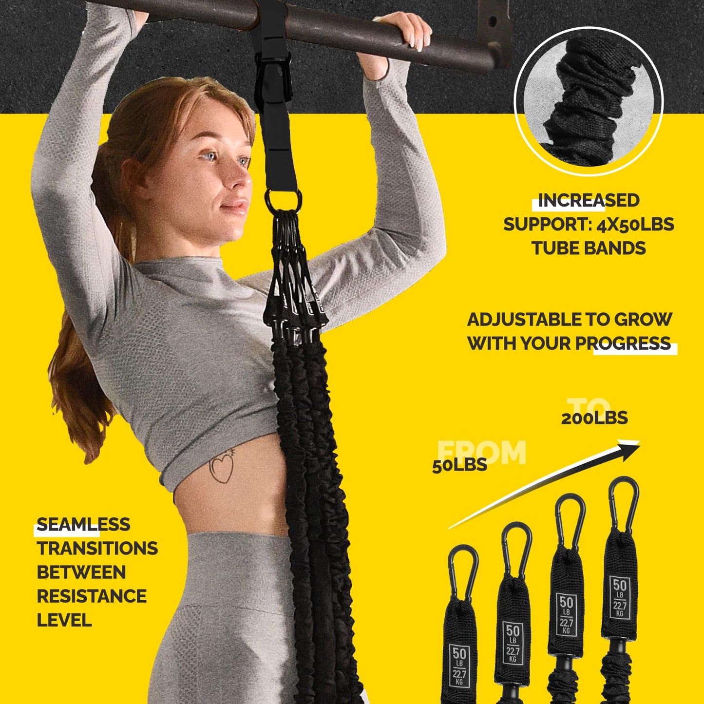 Pull Up Assistance Bands Set - 4 Heavy-Duty Pull Up Bands, Height Adjustable Strap & Comfortable Foot Strap - Stackable Pull Up Resistance Bands for Pull Ups (Black)