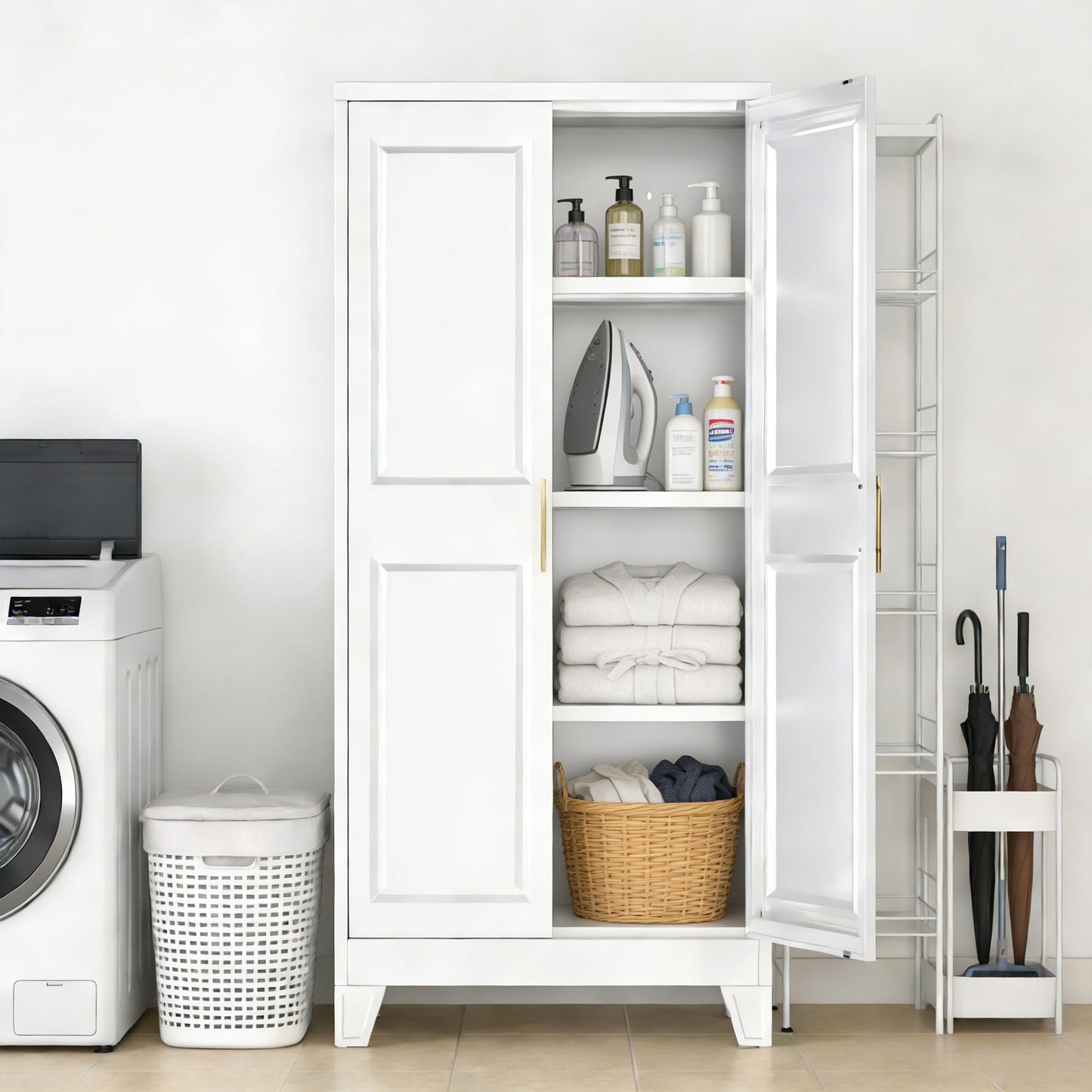 GangMei 61.4" H Metal Kitchen Pantry Cabinet with 4 Adjustable Shelf, White Pantry Cabinet with 2 Doors,Freestanding Food Cabinet for Kitchen,Home,Required Assembly