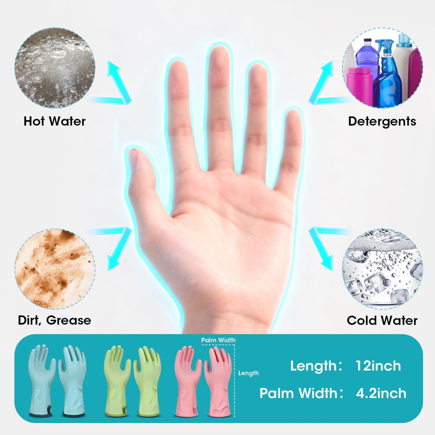 choosme Household Gloves Waterproof with Flock Lining for Dishwashing Cleaning Reusable No-slip for Kitchen & Bathroom 3 Pairs Medium Blue+Green+Pink