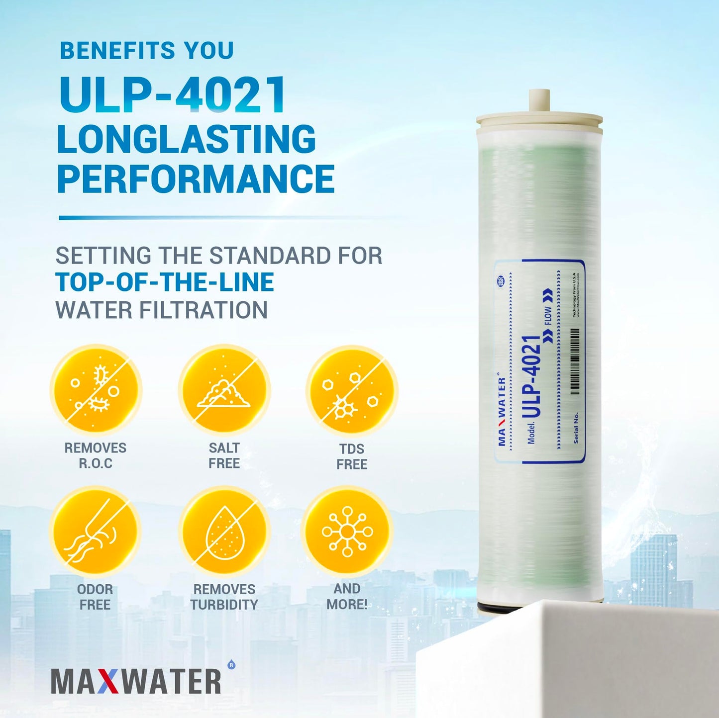 Max Water ULP-4021 Reverse Osmosis 4" x 21" RO Membrane, 950 GPD | For Water Purification Desalination Commercial, Industrial, Agricultural | Compatible with Dow Filmtec TW30-4021
