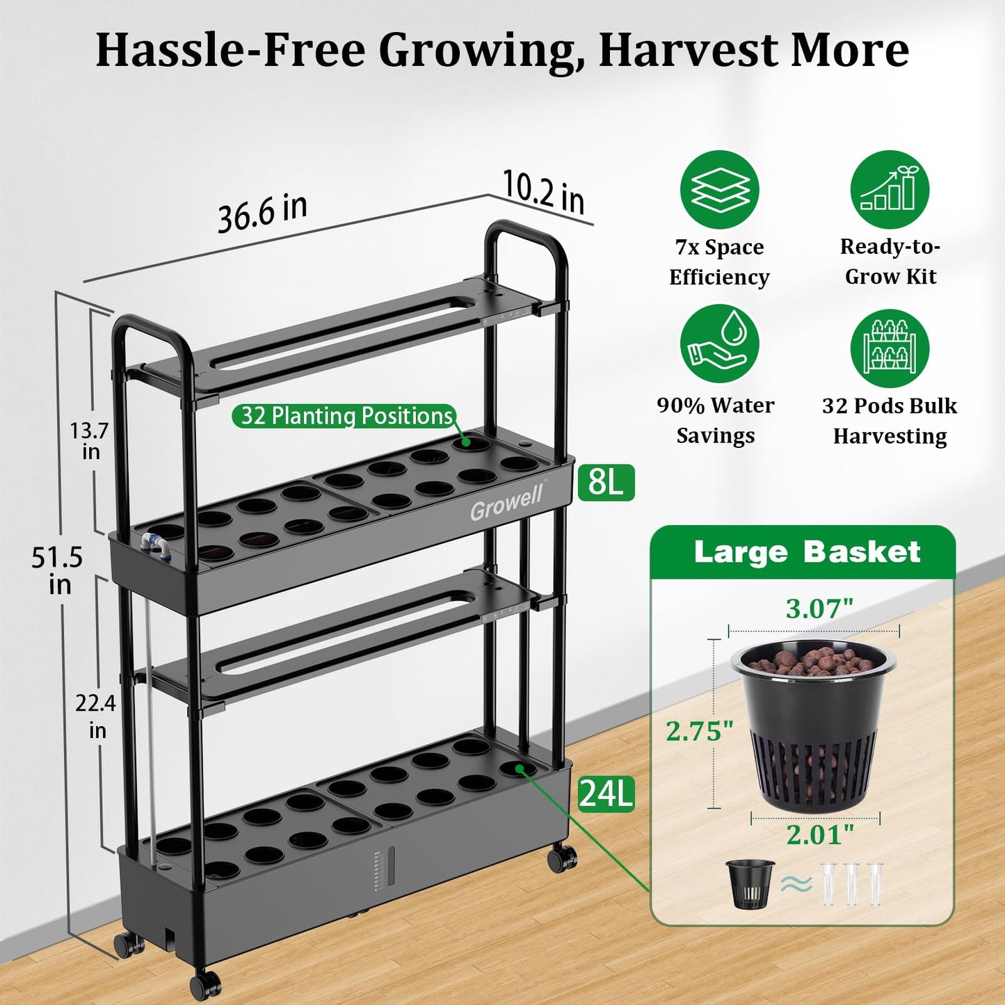 Large Hydroponics Growing System Kit, 32 Pods Vertical Hydroponic Garden, with 32 Large Buckets, 32L Indoor Garden System for Herb Vegetable Fruits, with 2 Light Modes, Auto Circulating Water System