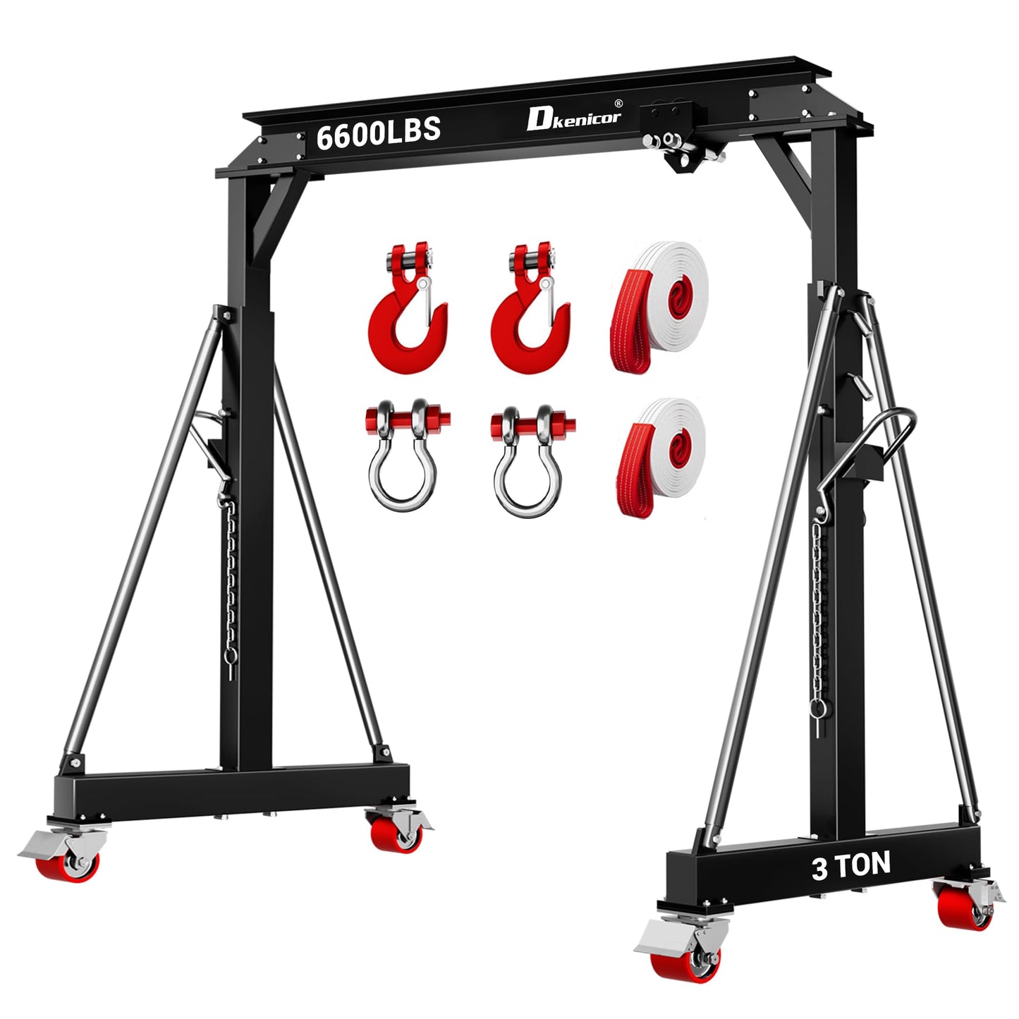 3 Ton 6600LBS Gantry Crane, Adjustable Height 8.53 to 12.47ft, Steel I-Beam Construction Portable Shop Hoist for Factories, Warehouses, Auto Repair, Construction Site, Black