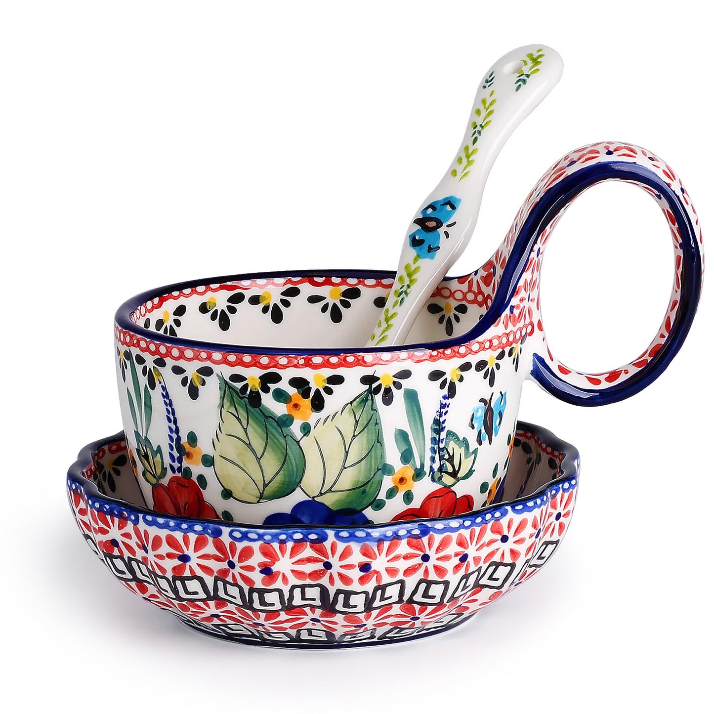 silesia Handmade Loop Handle Soup Bowl, Plate and Spoon Set Ceramic Hand Painted Cereal Bowl Great for Soup, Ice cream, Snack, Stew in Gift Box, Dishwasher & Microwave Safe, Polish Garden