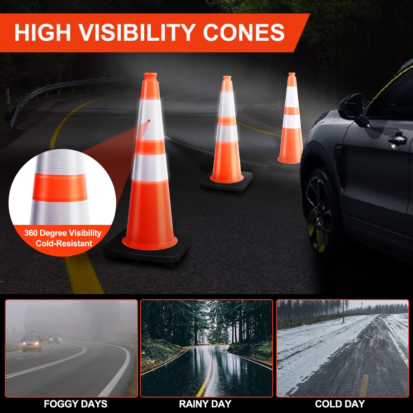 (8 Cones) BESEA 28” inch Orange PVC Traffic Cones, Black Base Construction Safety Cones Road Parking Cone Structurally Stable Wearproof (28" Height)