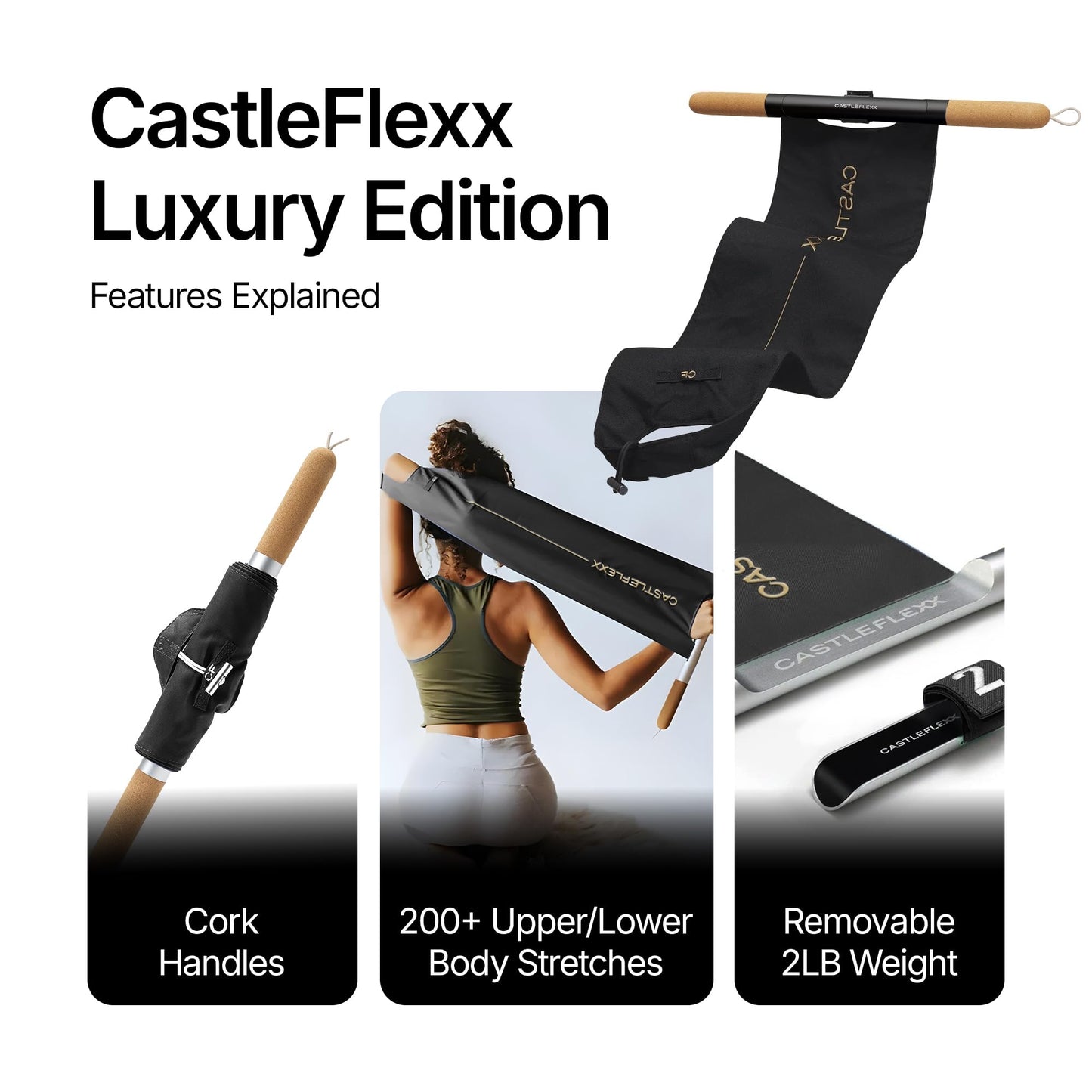 CastleFlexx Mobility and Full Body Strengthening Device | Non-Elastic Stretch Strap with Natural Premium Cork Handles for Stretching, Exercise, Physical Therapy, and Yoga