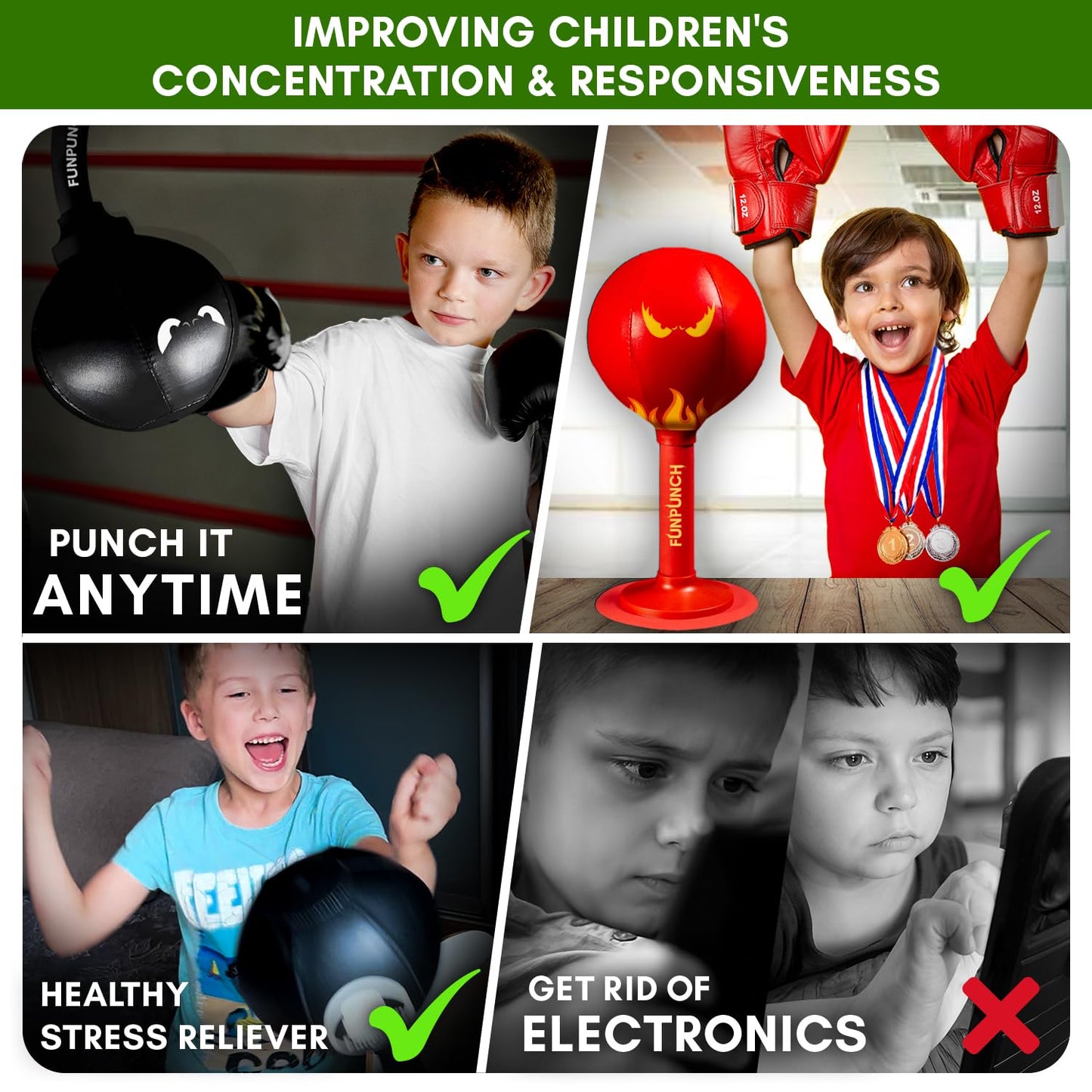 FunPunch Bundle with Desk Punching Bag for Adults and Boxing Bag for Kids
