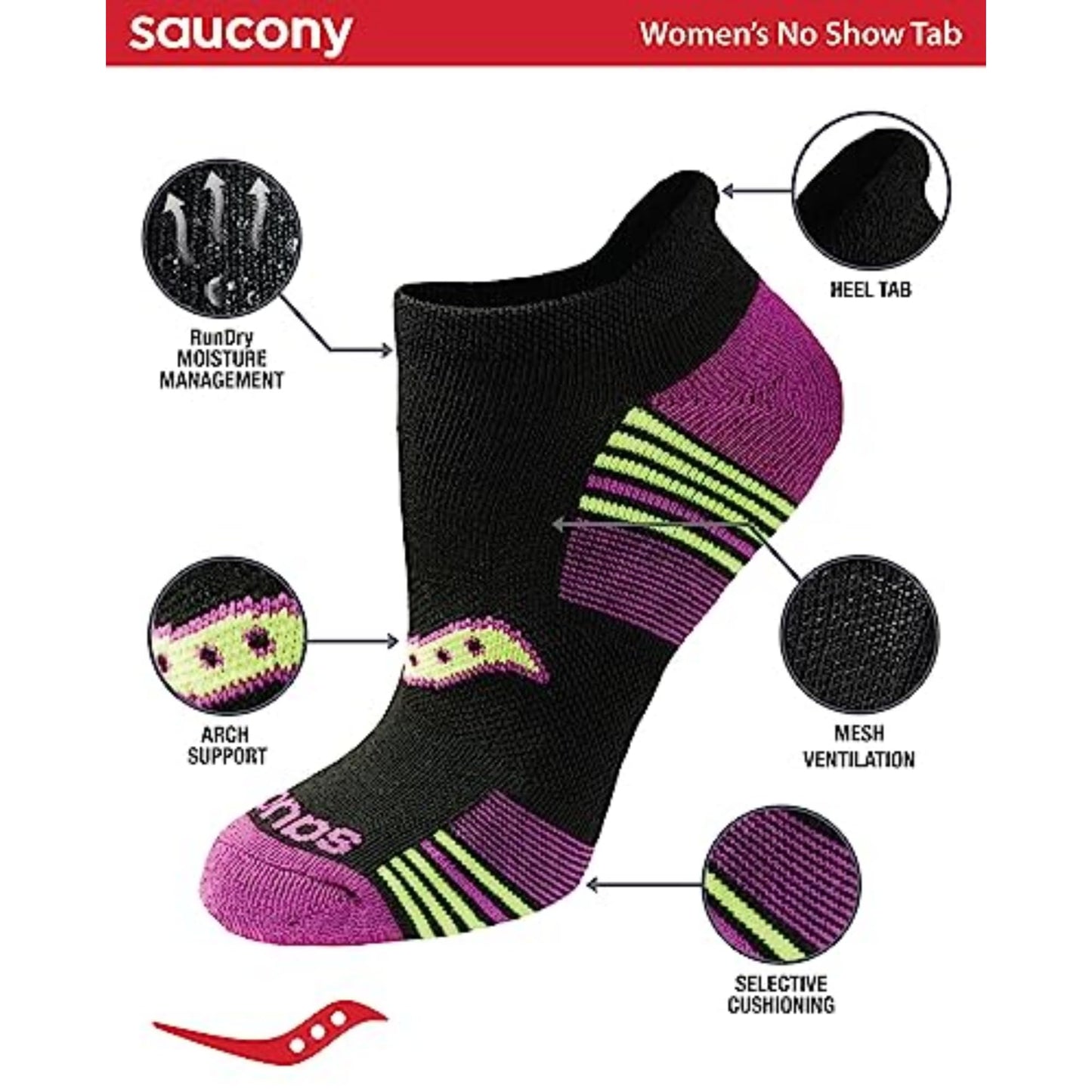 Saucony Women's RunDry Performance 8, 16 Pairs Heel Tab Athletic Socks, S-L, Black Assorted (8 Pairs), Medium
