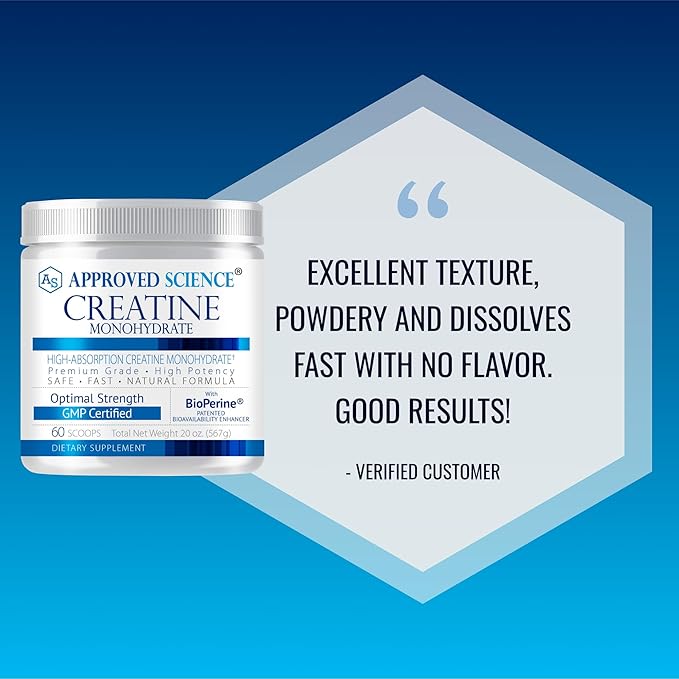 Approved Science Creatine Monohydrate Powder with BioPerine - Workout Support - 120 Servings - 5g Per Serving - Unflavored - Pack of 2 - Non-GMO, Vegan