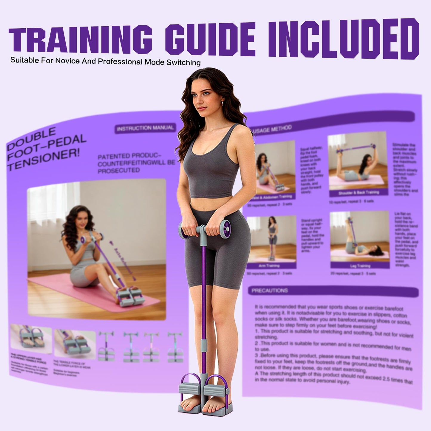 Resistance Bands with Handles, 6 Tube Pedal Resistance Band for Exercise, Dual Pedal Adjustable Resistance, Ab Roller Handle Full Body Home Workout Equipment for Abs, Legs, Arms, Women (Purple)