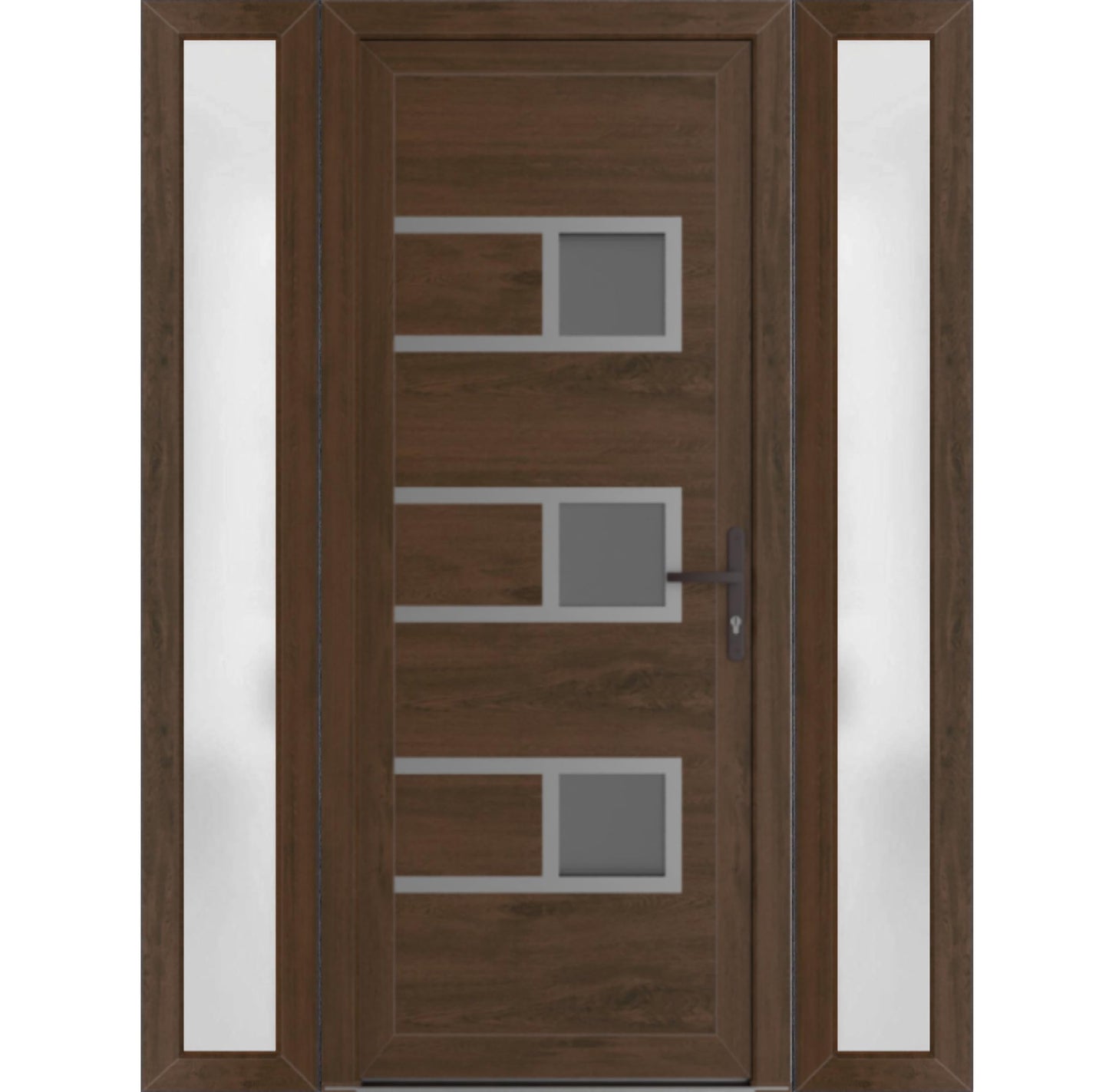 VDOMDOORS Front Exterior Prehung Metal-Plastic Door Frosted Glass | Manux 8933 Walnut | 2 Side Sidelite Transoms | Residential Doors Entrance Patio Garage 56 x 80 (W12+32+12 x H80) Left-Inswing