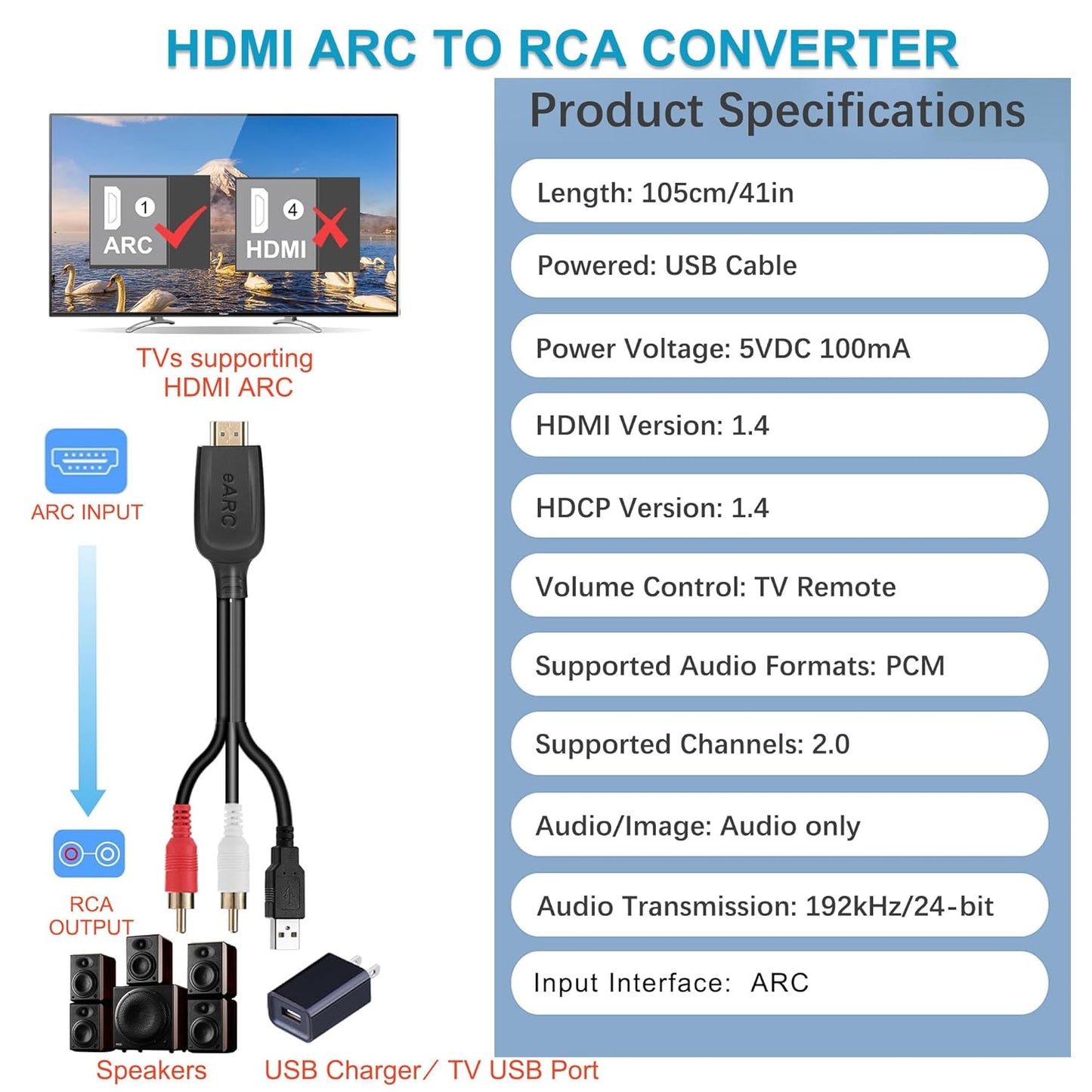 192KHz 3.4ft/1.05m [PCM HDMI ARC to RCA Audio Converter for TV to Soundbar, Plug & Play ARC to L/R Stereo RCA Male