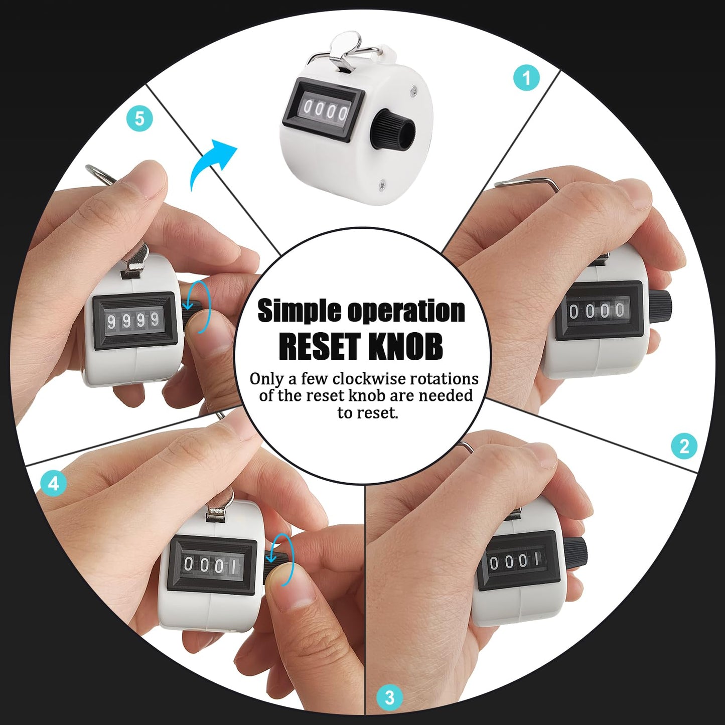 BGJRBY 3 Pack Hand Tally Clicker Counter 4 Digit Display Mechanical Palm with Metal Finger Ring for Coaching, Knitting, Lap, Fishing, Golf and Row Sport with 2-Nylon Lanyard (Black White Silver)