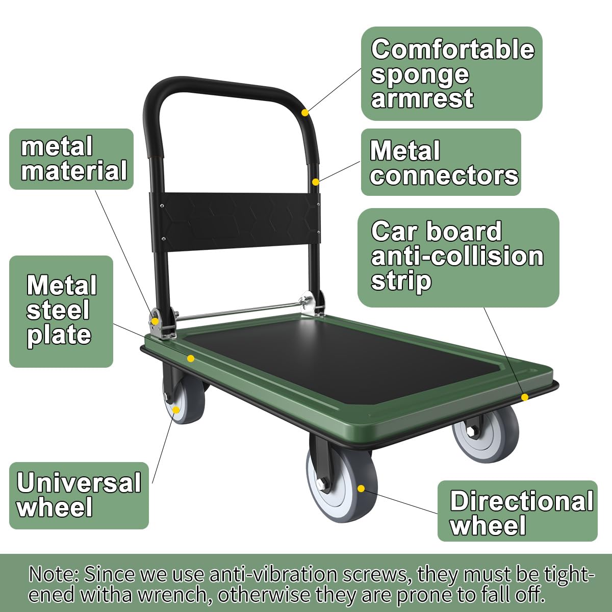 WUD Push Cart, Folding Mobile Platform Trolley,Thickened and Reinforced, 360° Swivel Wheels,35.4 “L x 23.6 ”W, 1100 lb. Green Dolly cart with Wheels