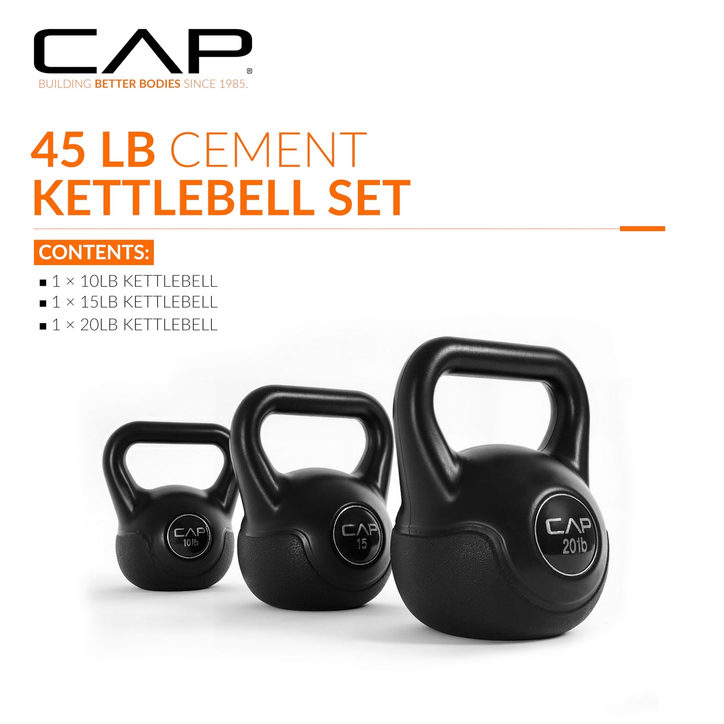 CAP Barbell 45 LB Cement Kettlebell Set – 10 lb, 15 lb & 20 lb Vinyl-Coated Kettlebells for Strength Training, Cardio, Cross Training & Home Gym Workouts