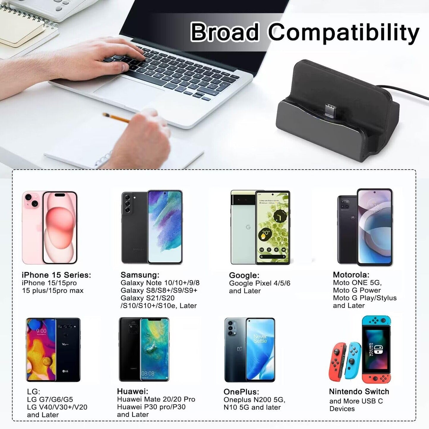 AKWOR 15/16, USB C Phone Dock Station for iPhone Galaxy, Google Pixel, LG, HTC & More, Phone Charging Stand Cradle