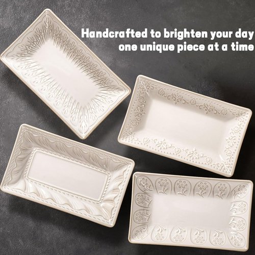 Artena Ceramic Rectangle Plates Set of 4 - Deep Lipped Edges for Appetizers & Desserts | Microwave & Oven Safe