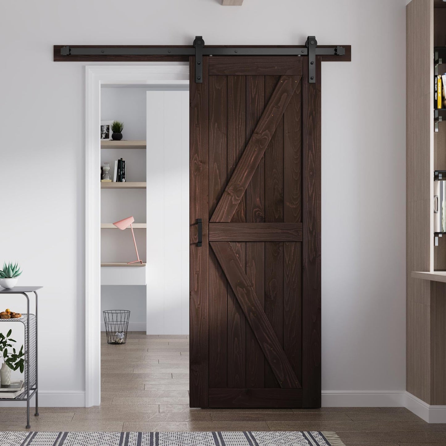 FREDBECK 32in x 80in Brown Wood Barn Door with 5.5ft Barn Door Hardware Track Kit Included, Double Surfaces,Simple Assembly is Required,K-Frame,Coffee