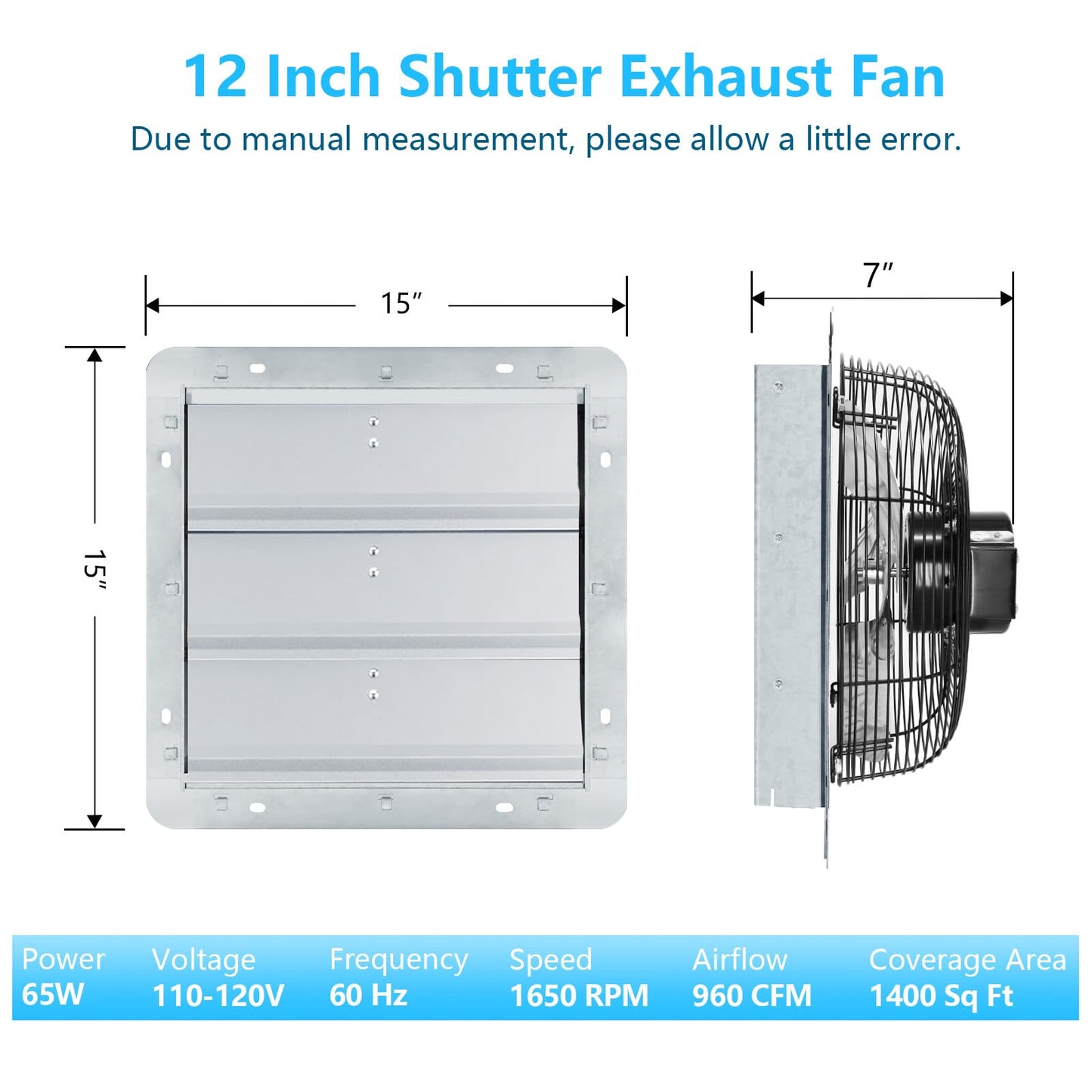 Aibabcue 12 inch Shutter Exhaust Fan with Speed & Thermostat Control, 1400 SQ. Ft Coverage Area, 960 CFM, Upgrade Wall Mount Attic Vent Fan for Greenhouse, Garage, Chicken Coops Ventilation Fans