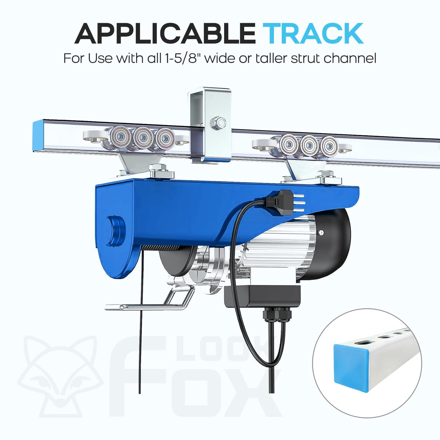 LookFox Hoist Trolley, 6+2 Wheel Unistrut Rollers - Anti-Lock & Anti-Fall, Electric Unistrut Trolley, Use with All 1-5/8" Wide or Taller Strut Channel, for Garage/Industrial Hoist Silent Systems