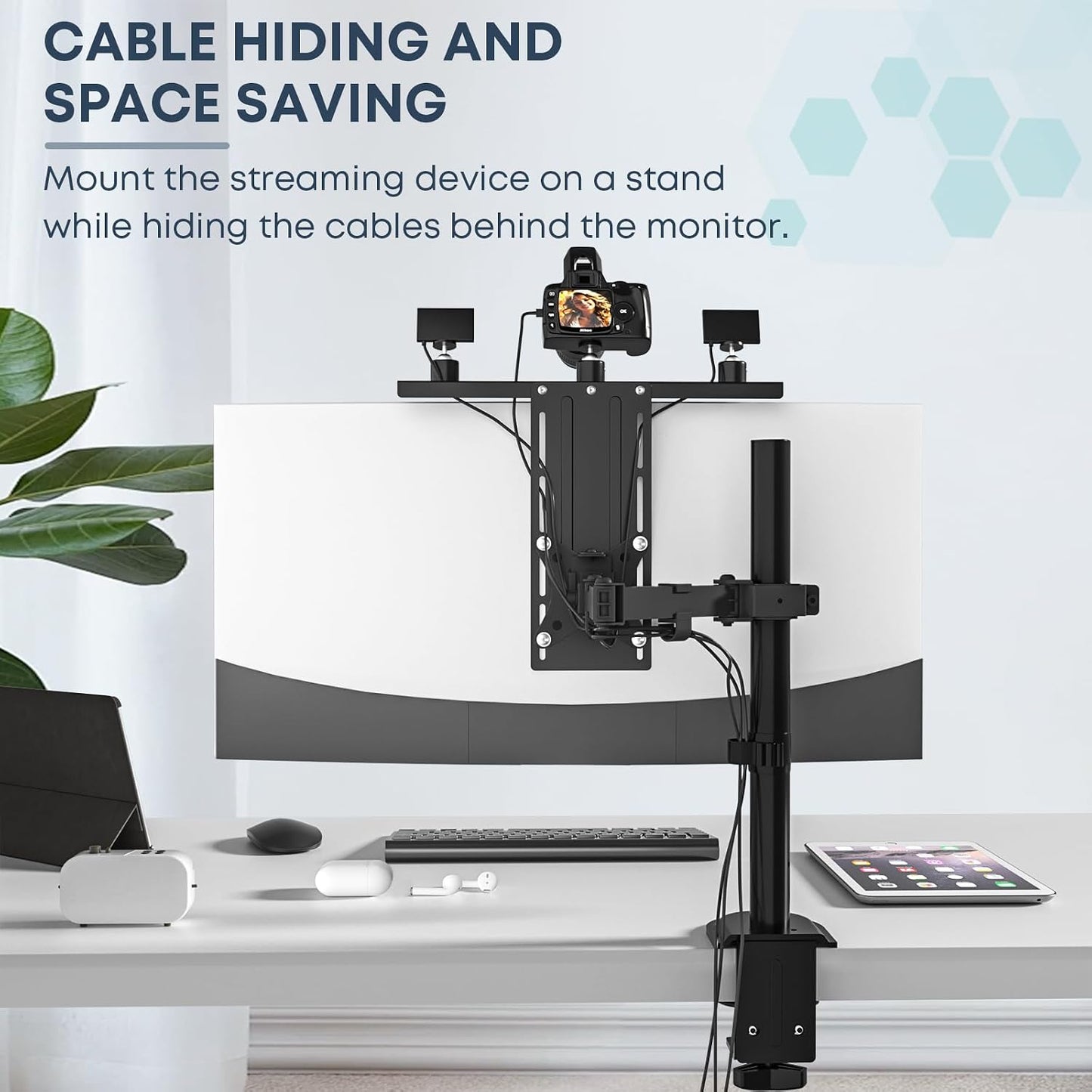 WORLDLIFT 16 inch 100100 mm VESA Monitor Mount Shelf for Streaming - Holds Cameras, Webcams, Microphones & Lights