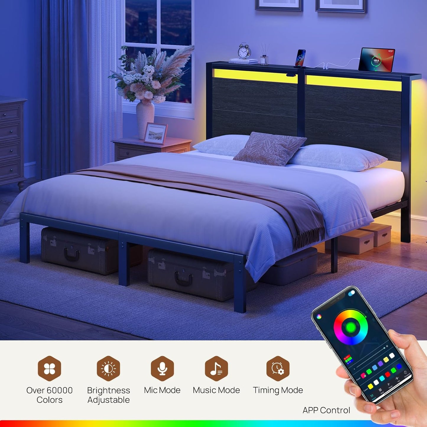 Rolanstar Queen Bed Frame - LED Headboard with Charging Station | Noise-Free Black Oak Design