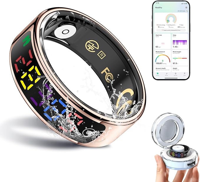 Smart Ring for Women Men, Health Ring with Colorful Display, Fitness Tracker with Heart Rate, Blood Oxygen, Sleep Monitor, No Subscription Fee, 5ATM Waterproof for iPhone & Android (Rose Gold, 11)