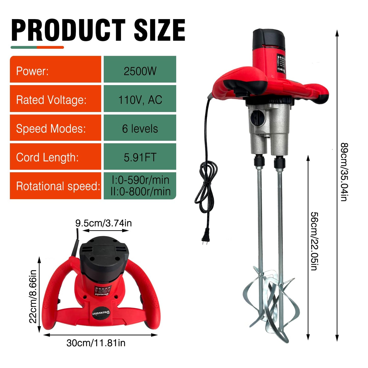Cement Mixer, Portable Mortar Mixer,110V Handheld Electric Concrete Mixer with 6 Adjustable Speed, for Mixing Mud, Putty,Cement, Mortar,Paint,Grout Plaster Thinset Fodder Stirring Tool,Dual Paddle