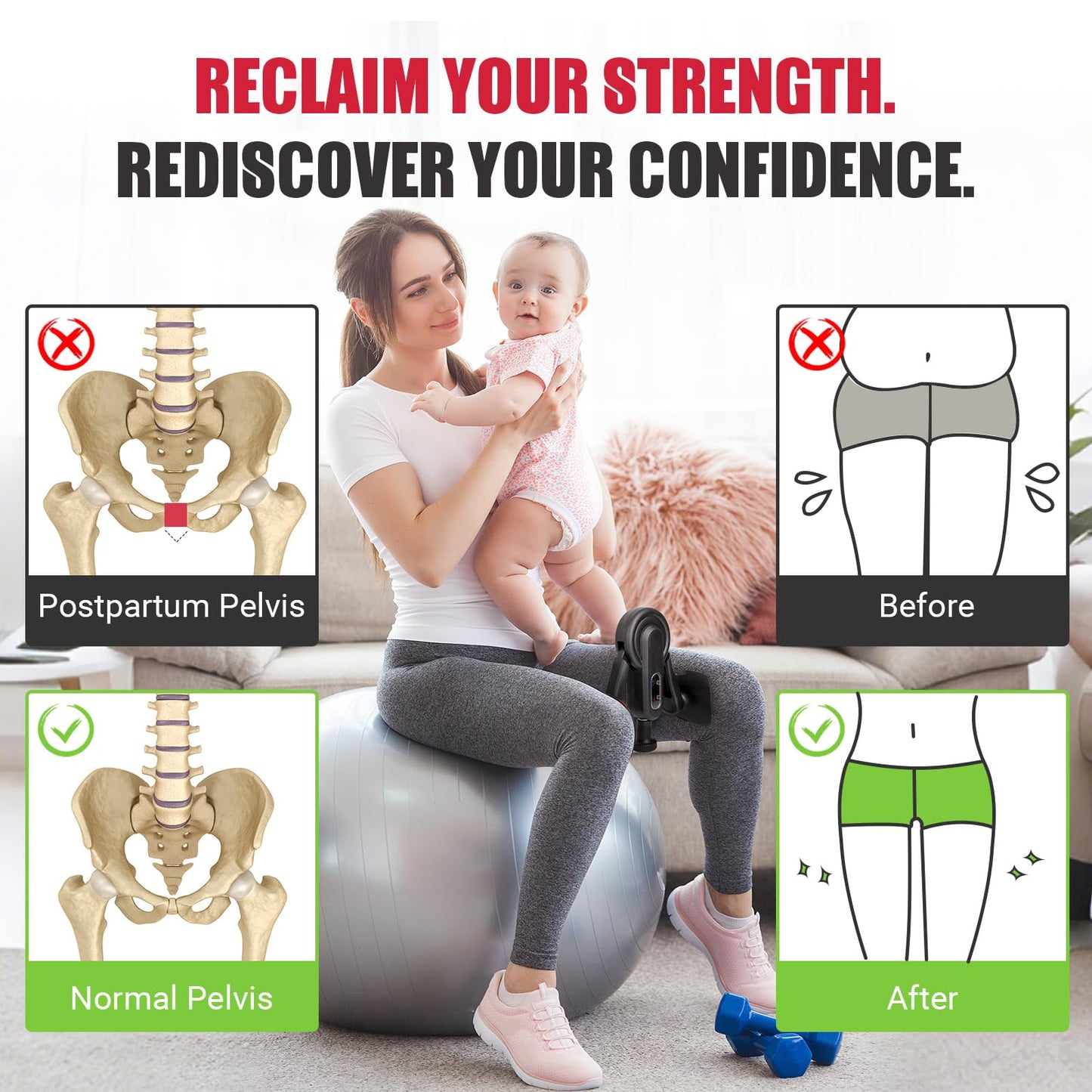 Thigh Trainer for Women, 10-100lb Adjustable Resistance Inner Thigh Exerciser with Leg Band & Poster for Kegel Exercise, Pelvic Floor Trainer for Postpartum Rehabilitation Home Gym