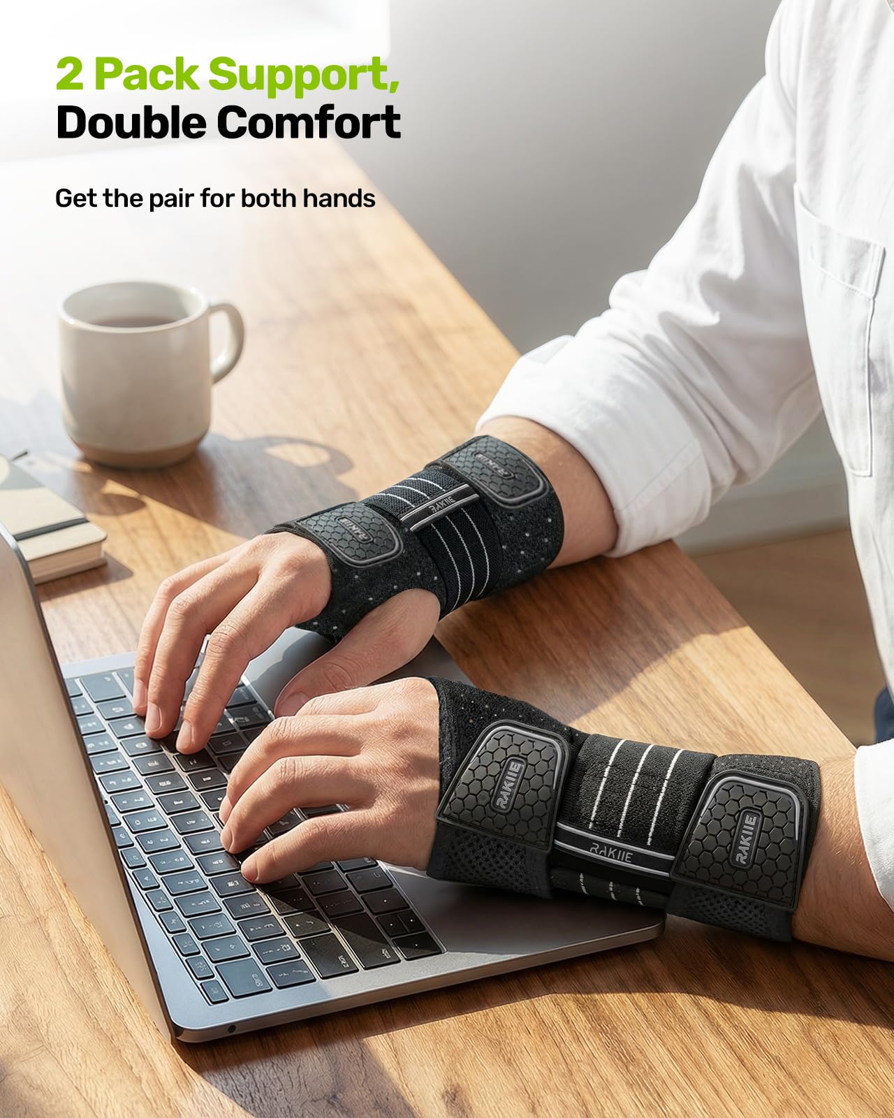 Rakiie 2 Pack Carpal Tunnel Wrist Braces, Adjustable Wrist Support Splint for Night Sleep & Daytime Working, Hand Braces Pain Relief for Arthritis, Typing, Pregnancy, Men Women (Gray, M)