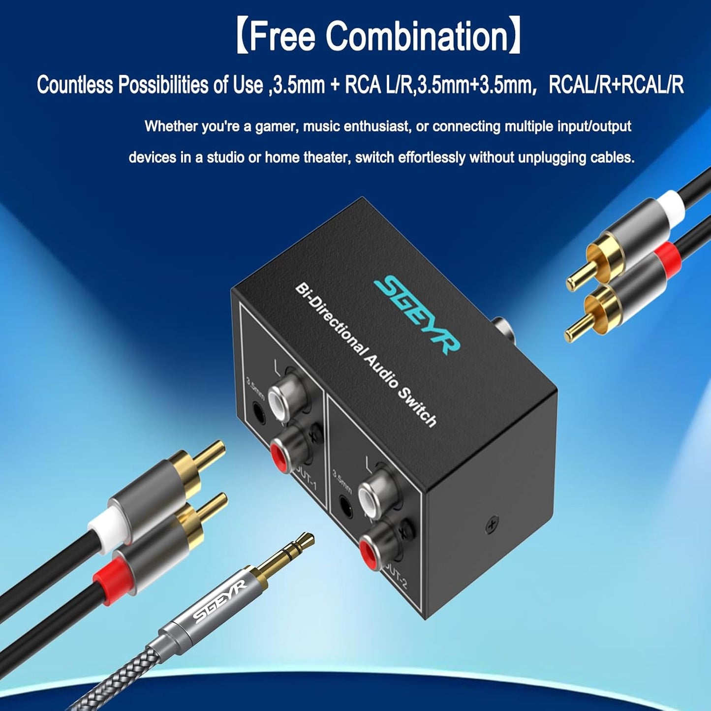 SGEYR 2 1 3.5mm RCA Switch in Out RCA switcher Selector Aux + RCA L/R Bi-Directional Stereo Audio Switcher A/B Analog