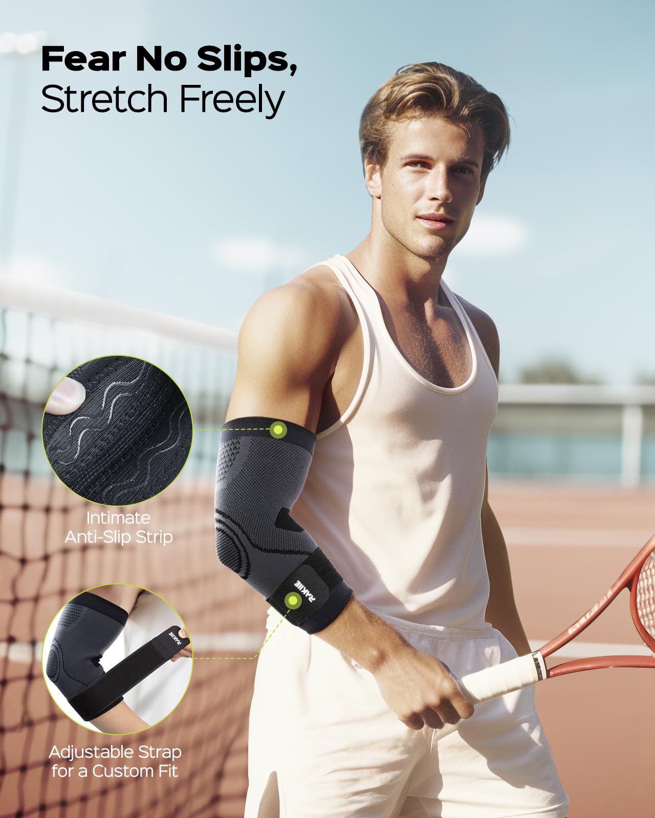 Rakiie Elbow Support Brace for Men and Women, 2 Pack Elbow Compression Sleeve, Elbow Brace for Tendonitis and Tennis Elbow, Elbow Sleeve Reduce Joint Pain for Tennis, Golfer, Workouts Black (M)