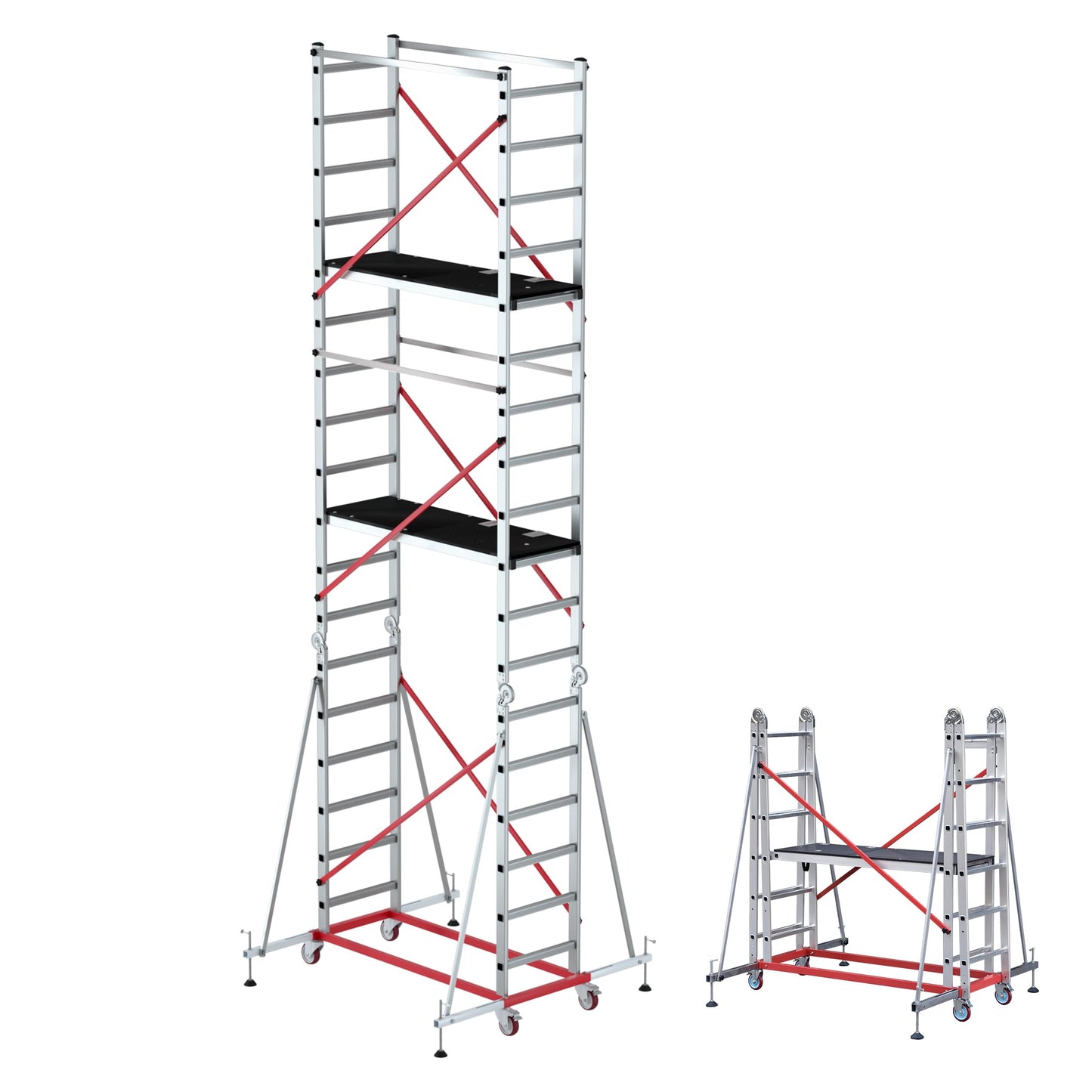 APARECIUM 18‘ Aluminum Scaffold Tower, Multipurpose Rolling Scaffolding Work Platform, Utility Scaffolding Tower, Adjustable Work Platform with Hatch Deck and Guard Rail, 500 Lbs Duty Rate