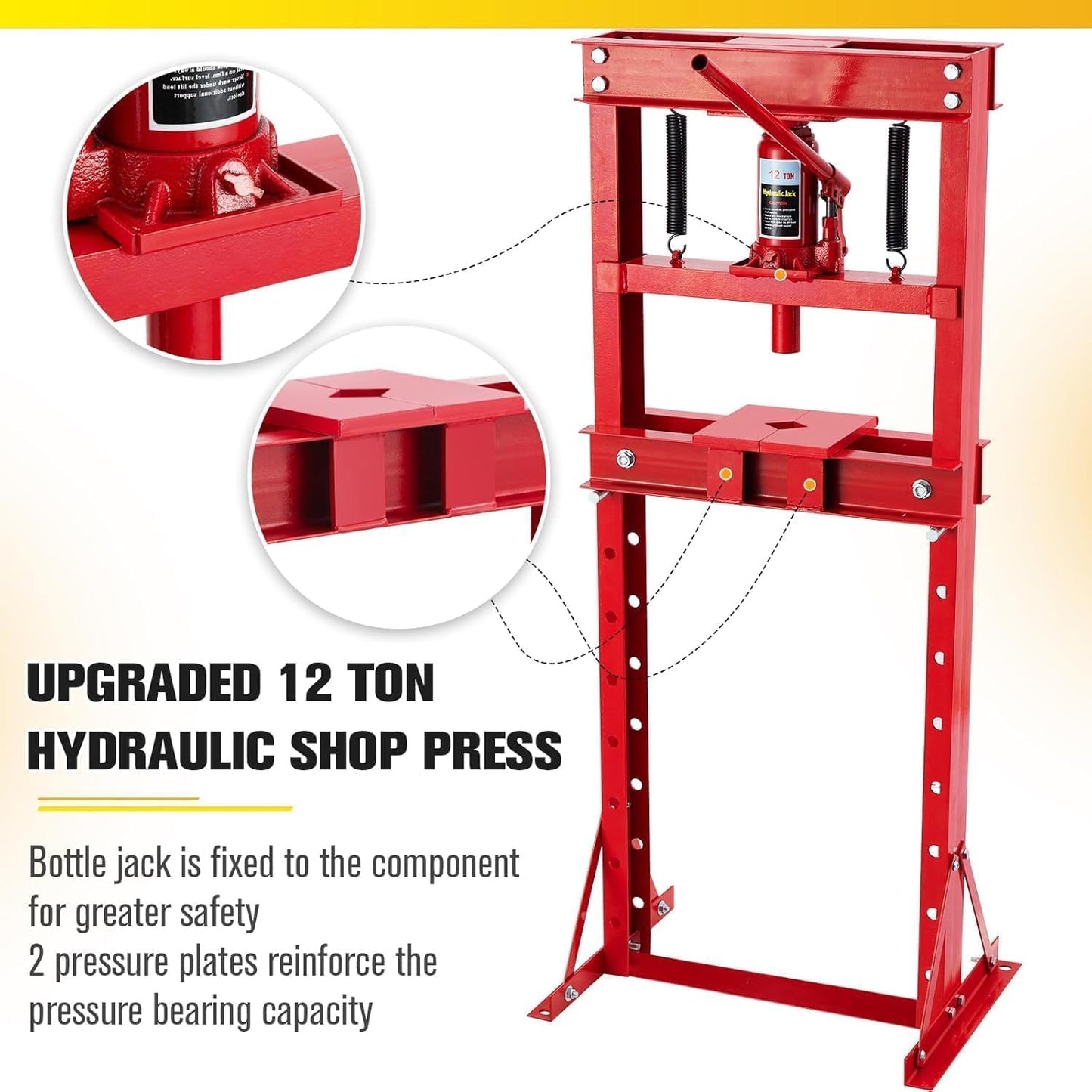 12 Ton Hydraulic Press with Adjustable Table, Heavy Duty H-Frame Hydraulic Shop Press with Movable Plates, Ideal for Auto Repair, Metal Bending, Garage Use, Red